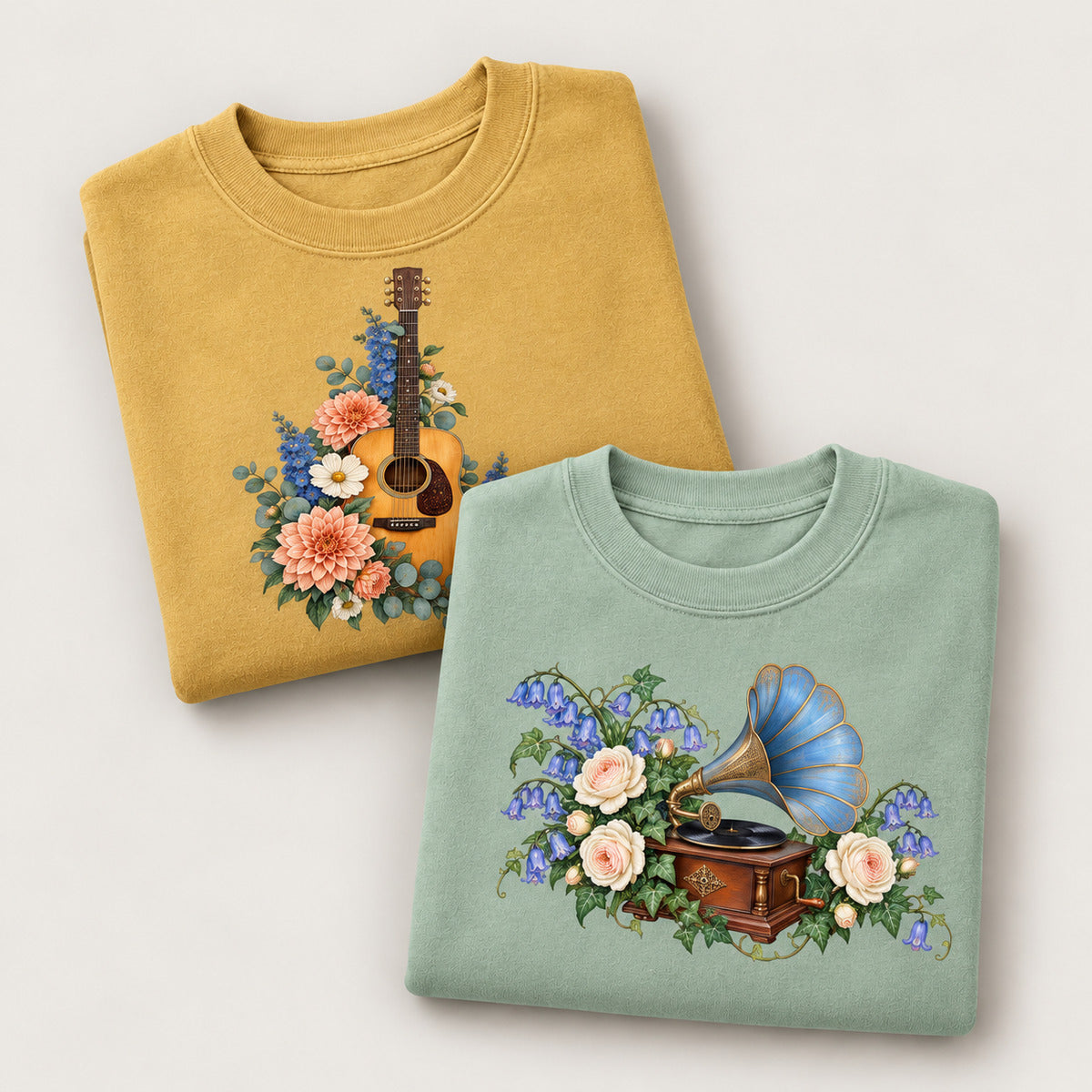 Gifts for music lovers — instruments drawn among flowers