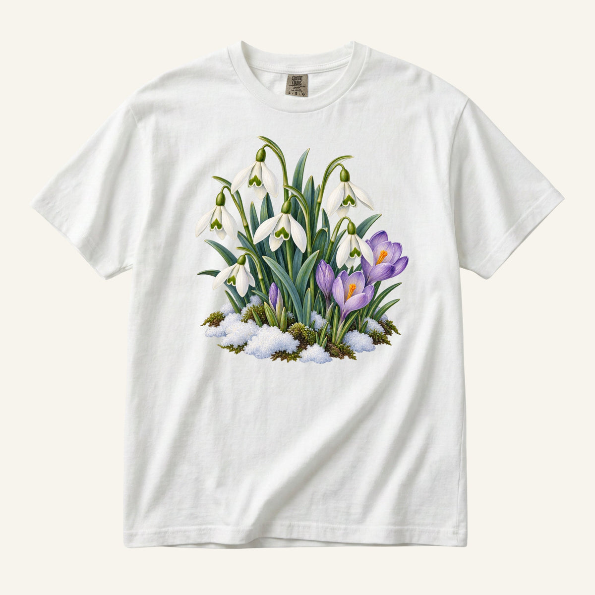 Snowdrop & Crocus T-Shirt in White — white snowdrops and purple crocuses rising through snow