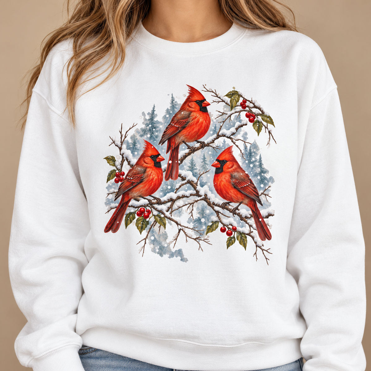 Close-up of the snowy cardinal trio print on a White Comfort Colors sweatshirt - three northern cardinals on berry branches