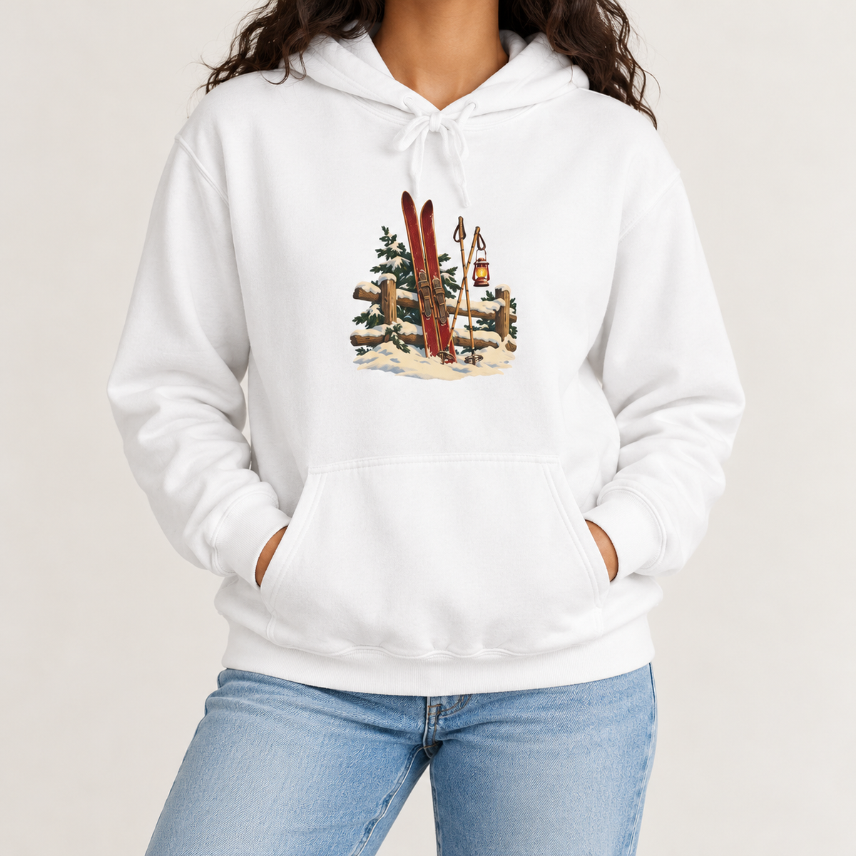 Vintage Ski Lodge hoodie in White, front view worn, Comfort Colors garment-dyed hoodie