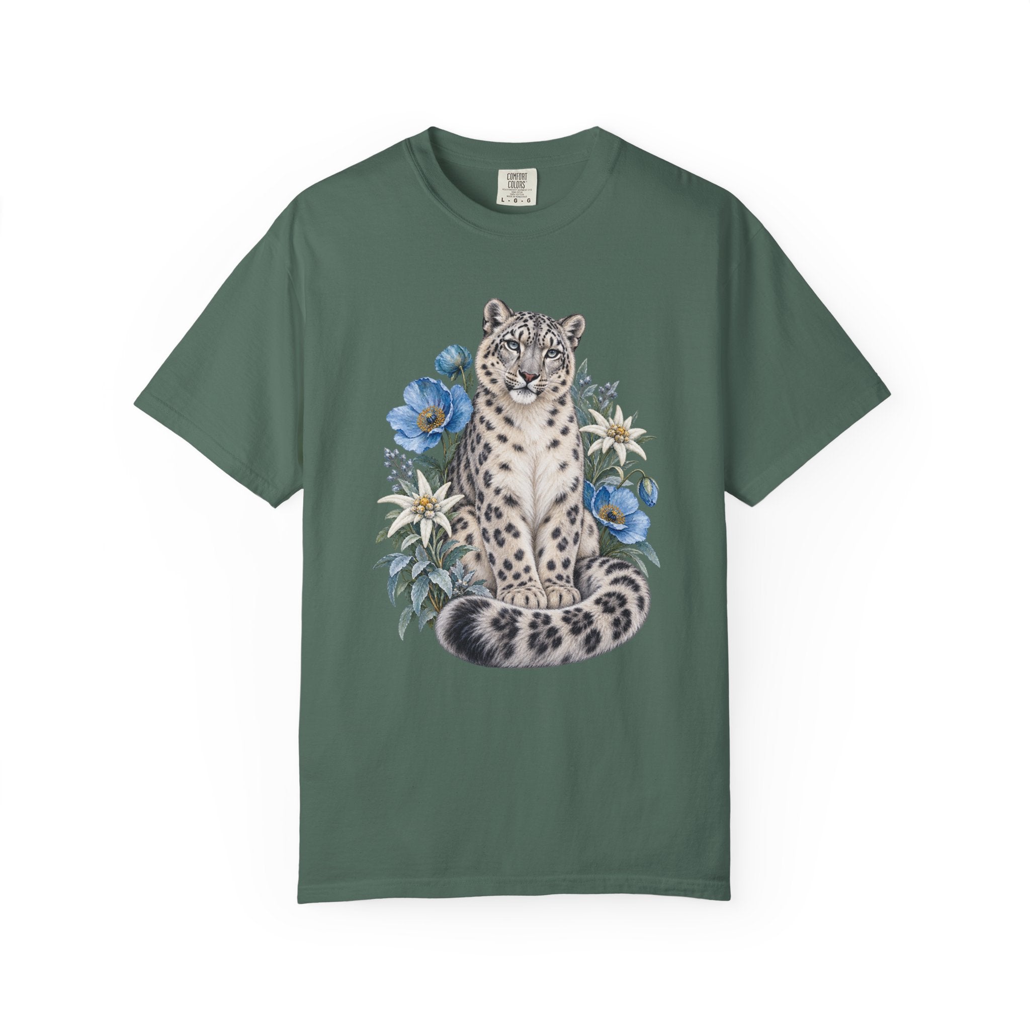 Snow Leopard & Blue Poppy T-Shirt — Himalayan blue poppies and alpine flowers