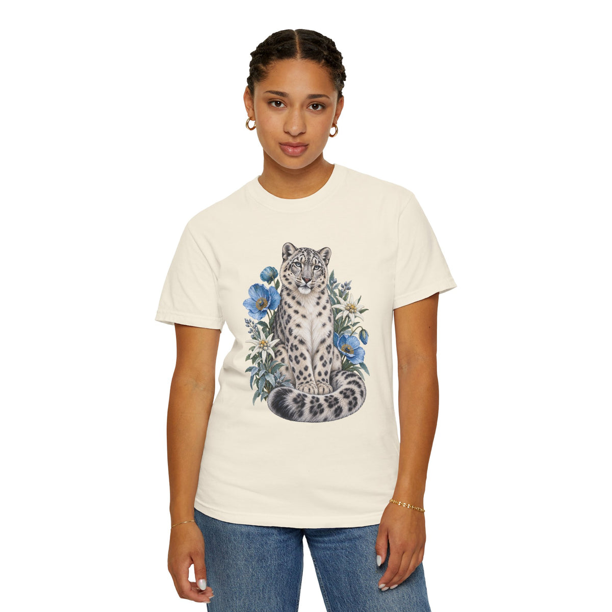 Snow Leopard & Blue Poppy T-Shirt — worn, relaxed unisex fit