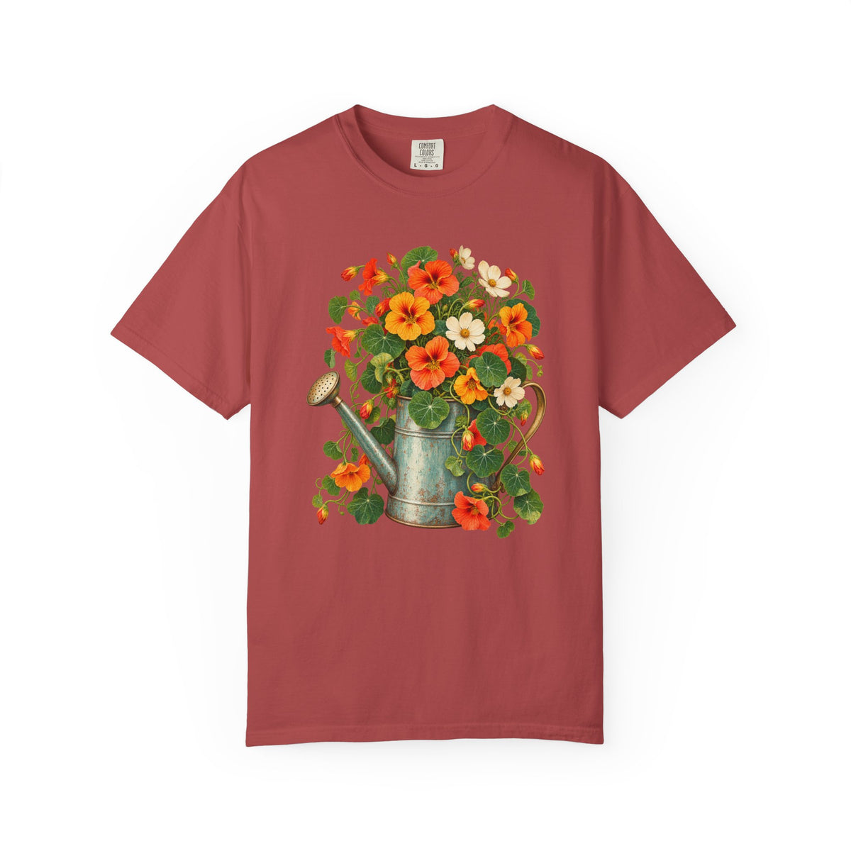 Gardener botanical tee - nasturtiums growing out of a patinated watering can, no text in the design