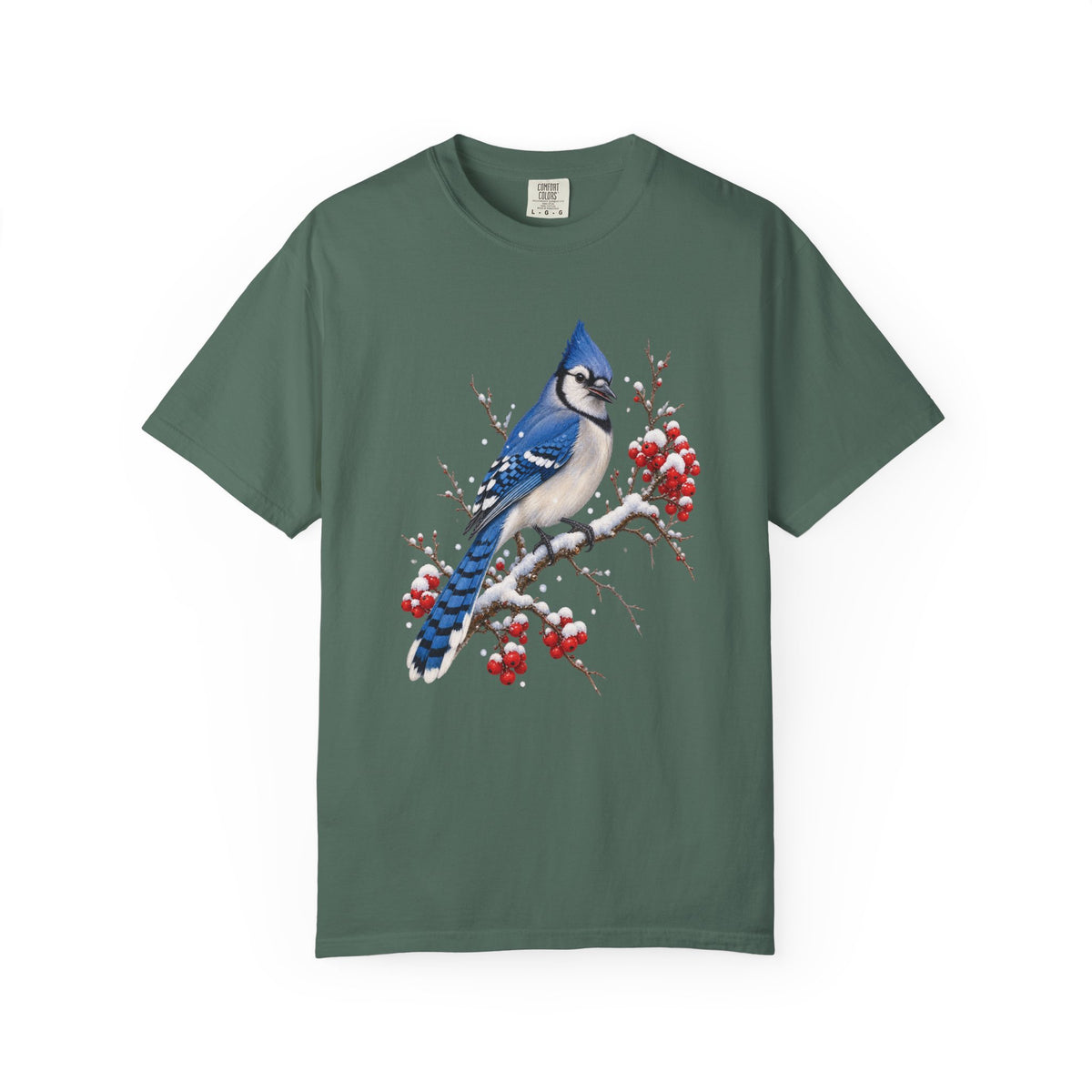 Blue jay winterberry t-shirt in Blue Spruce – blue jay bird and red berries under snow on a deep evergreen garment-dyed tee