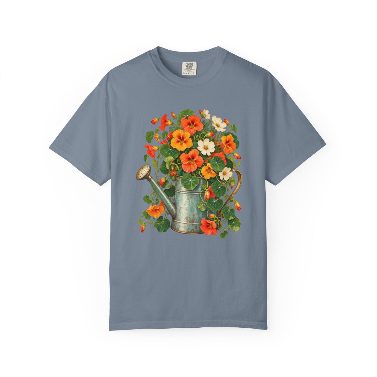 The nasturtium watering can illustration shown on the chest of a heavyweight garment-dyed Comfort Colors tee