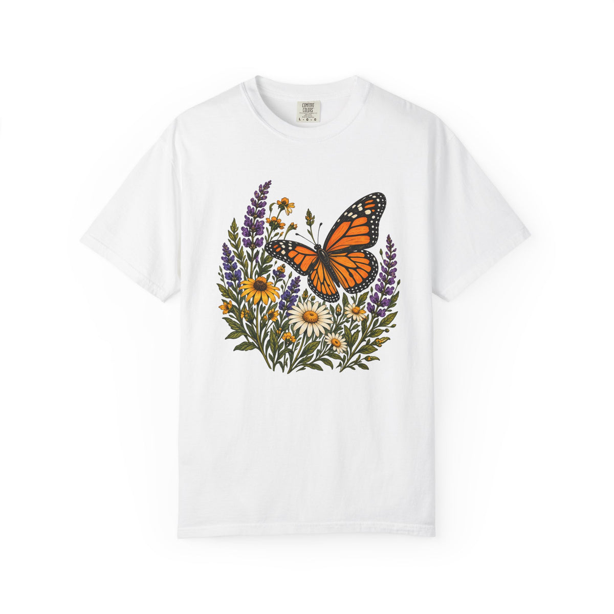 She Brought the Summer tee in White, a monarch butterfly among purple flower spikes, white daisies and golden blooms