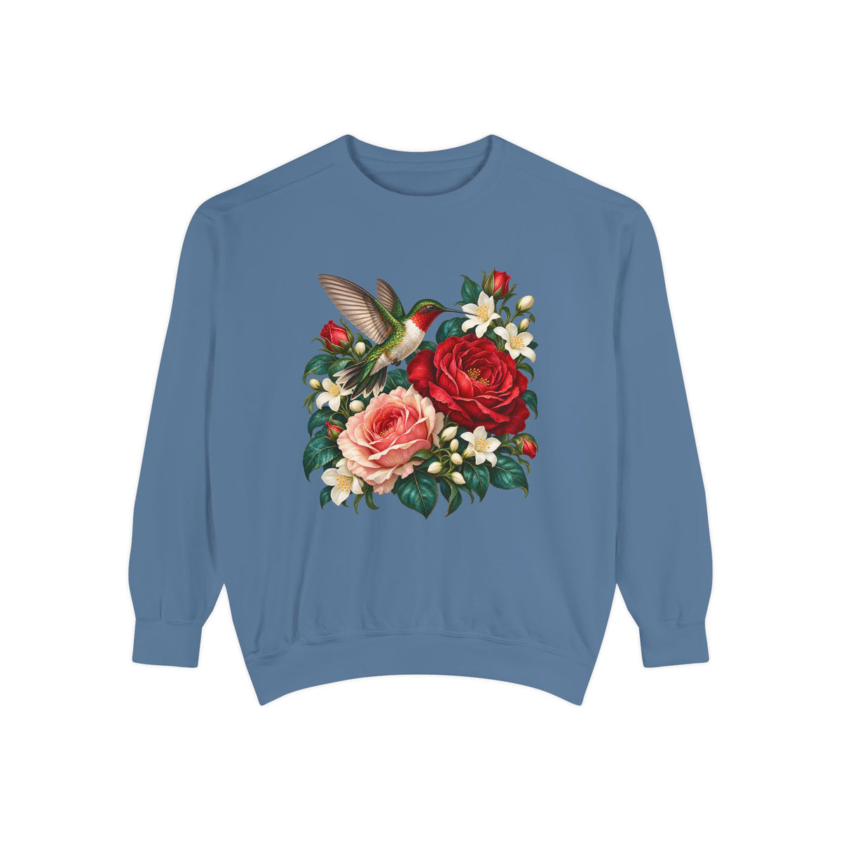 Ruby-throated hummingbird arriving at a rose and jasmine arrangement, printed flat into the face of the fleece on a Comfort Colors crewneck