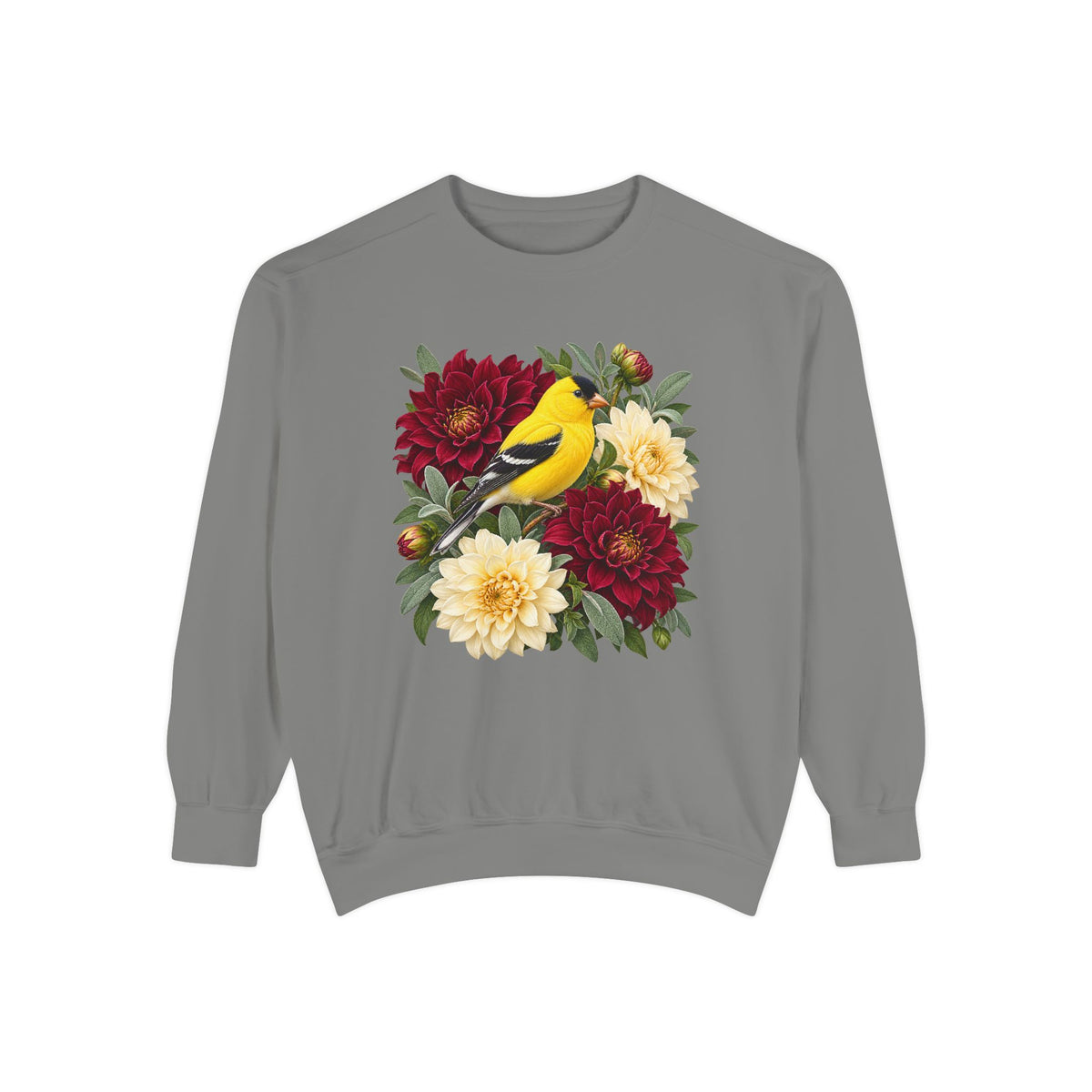 The goldfinch and dahlia print shown large and centered on the chest of the garment-dyed crewneck sweatshirt, not a back print