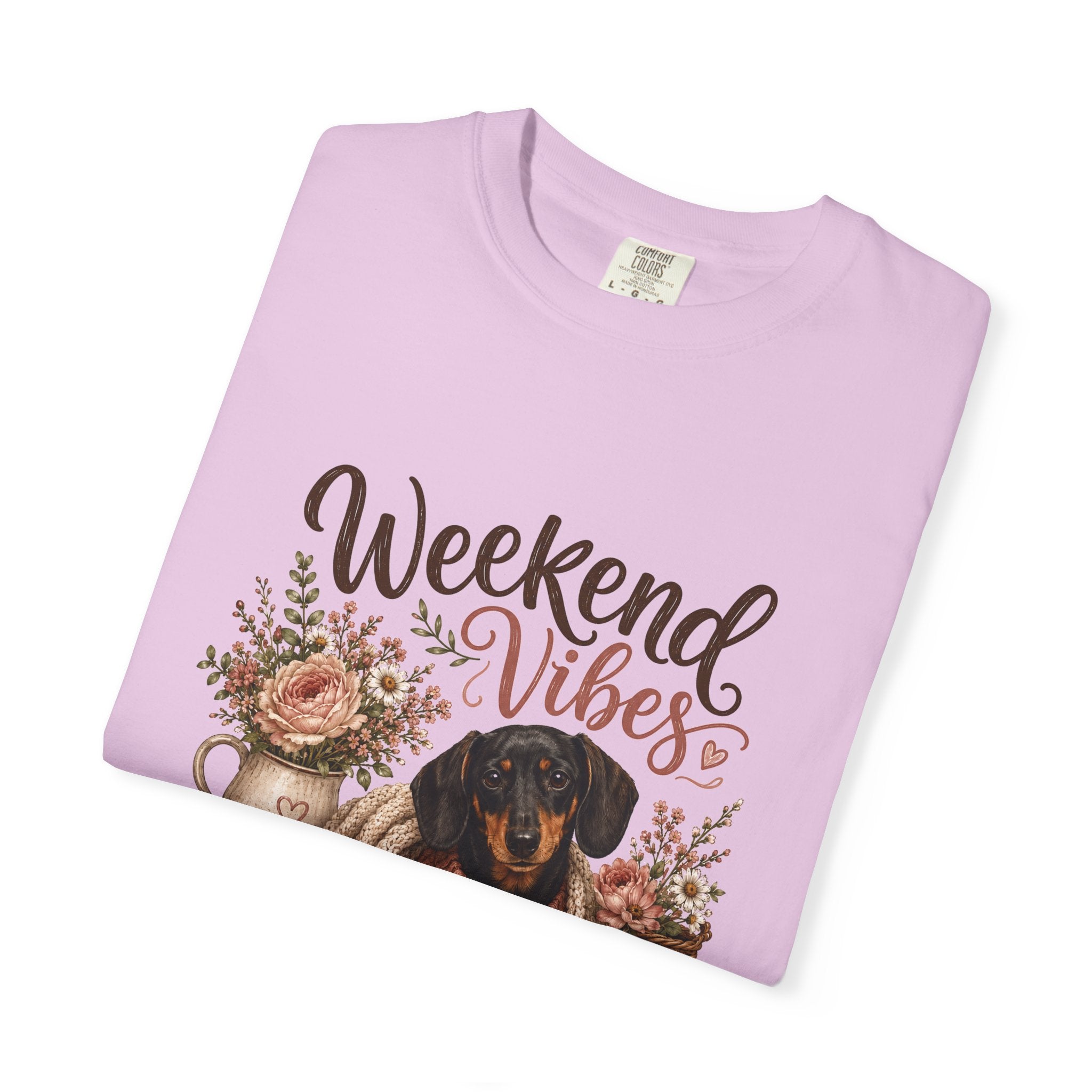 Weekend Vibes Dachshund Comfort Colors Shirt, Coffee Flowers Doxie Tee, Dachshund Mom Gift, Cozy Dog Shirt, Dog Lover Gift Her