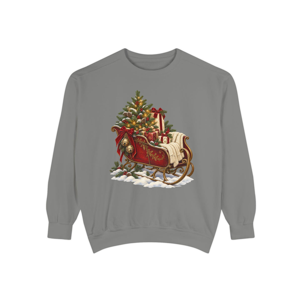 Vintage Christmas sleigh sweatshirt in Grey, front view