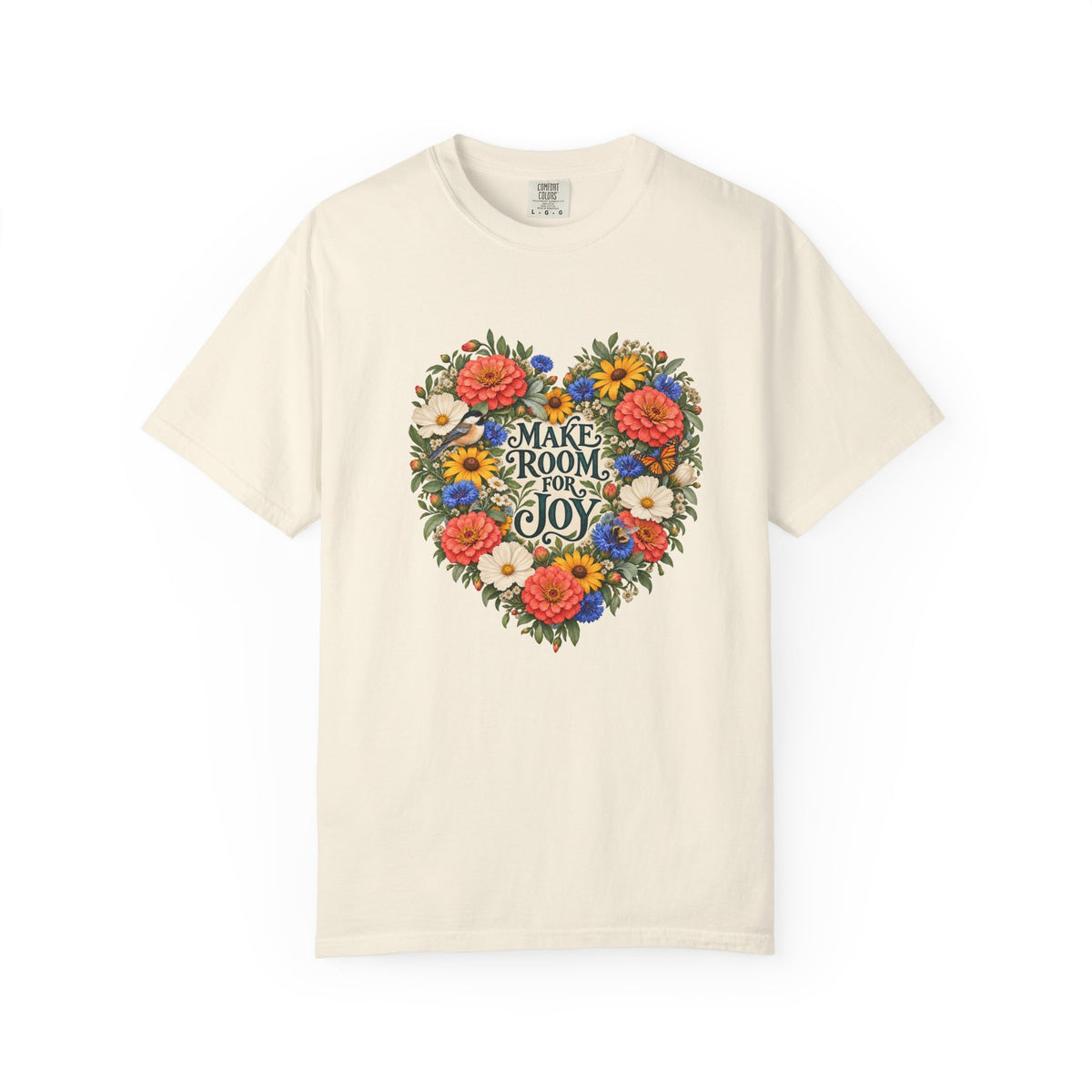 Make Room for Joy Floral T-Shirt - cream daisies and small blue blossoms among the larger blooms of the arrangement