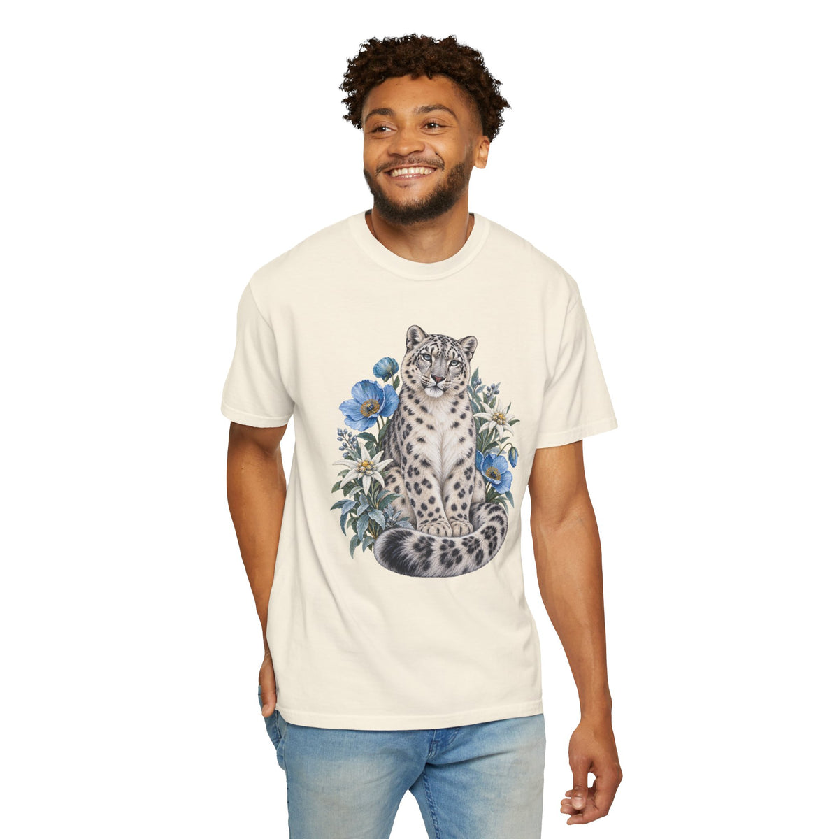 Snow Leopard & Blue Poppy T-Shirt — garment-dyed cotton tee, modelled