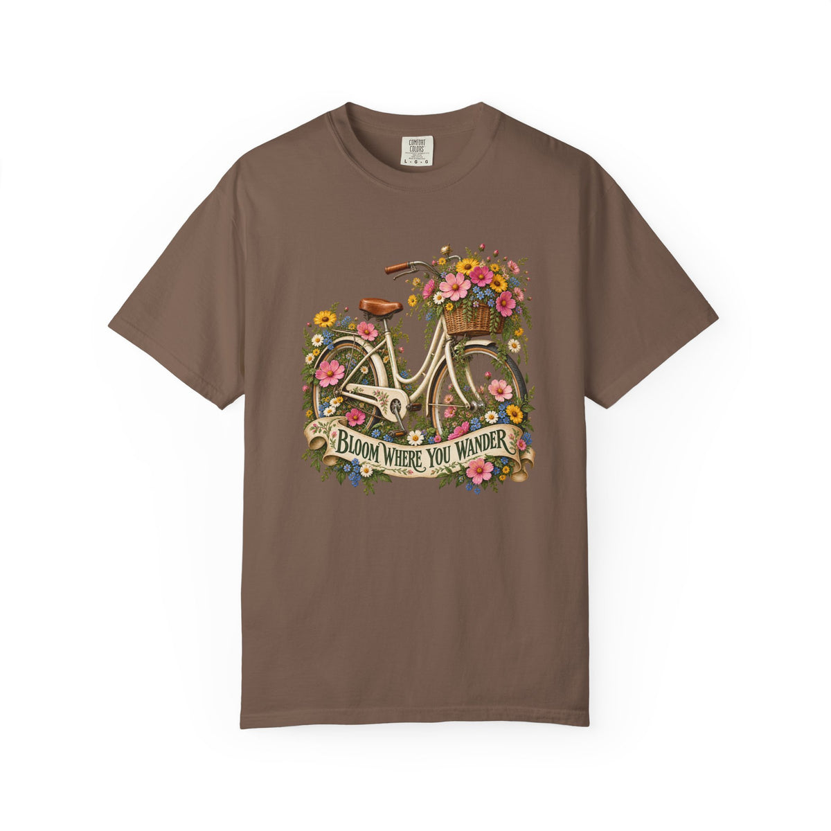 Bloom Where You Wander Floral Bicycle T-Shirt - the vintage postcard illustration printed large and centred on a garment-dyed Comfort Colors 1717 tee