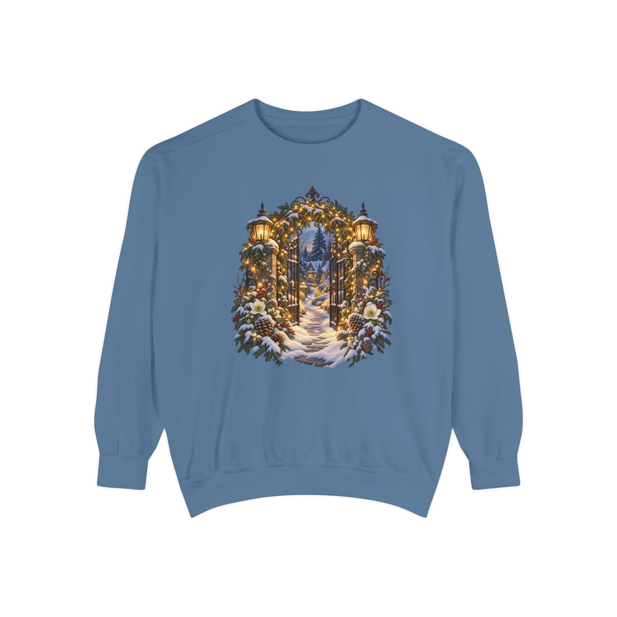 Christmas garden gate sweatshirt in Blue Jean, a light washed denim garment-dyed Comfort Colors 1566 crewneck with a snowy lantern-lit garden gate
