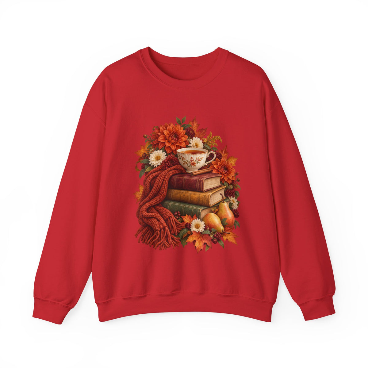 Just One More Chapter crewneck sweatshirt, a floral teacup resting on a stack of vintage books with pears, autumn flowers and a rust-colored scarf, image 3 of 14