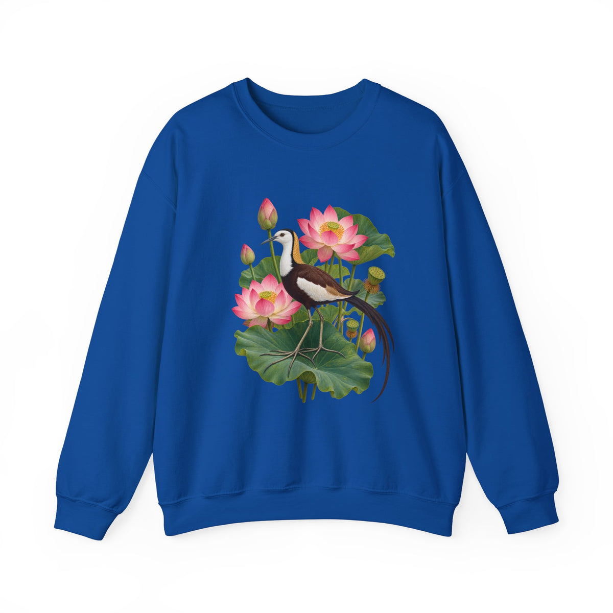 Lightly, She Goes crewneck sweatshirt, a long-tailed waterbird among pink lotus blossoms, buds, seed pods and broad green leaves, image 1 of 28