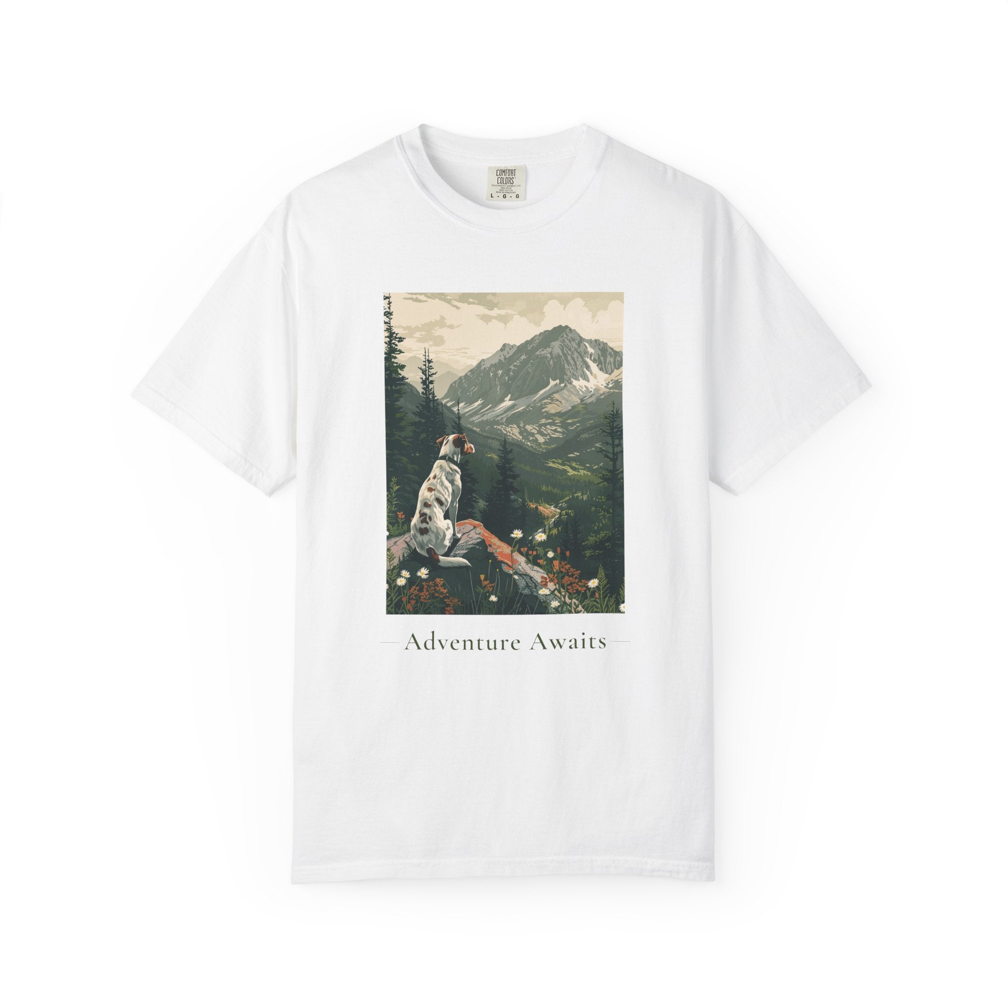 Adventure Awaits national park dog tee front view