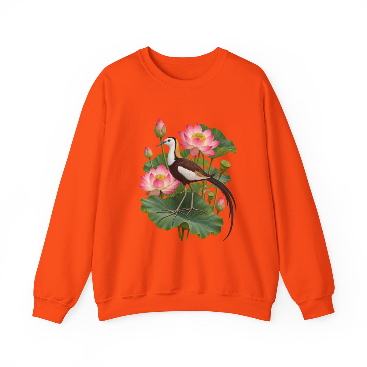 Lightly, She Goes crewneck sweatshirt, a long-tailed waterbird among pink lotus blossoms, buds, seed pods and broad green leaves, image 3 of 28