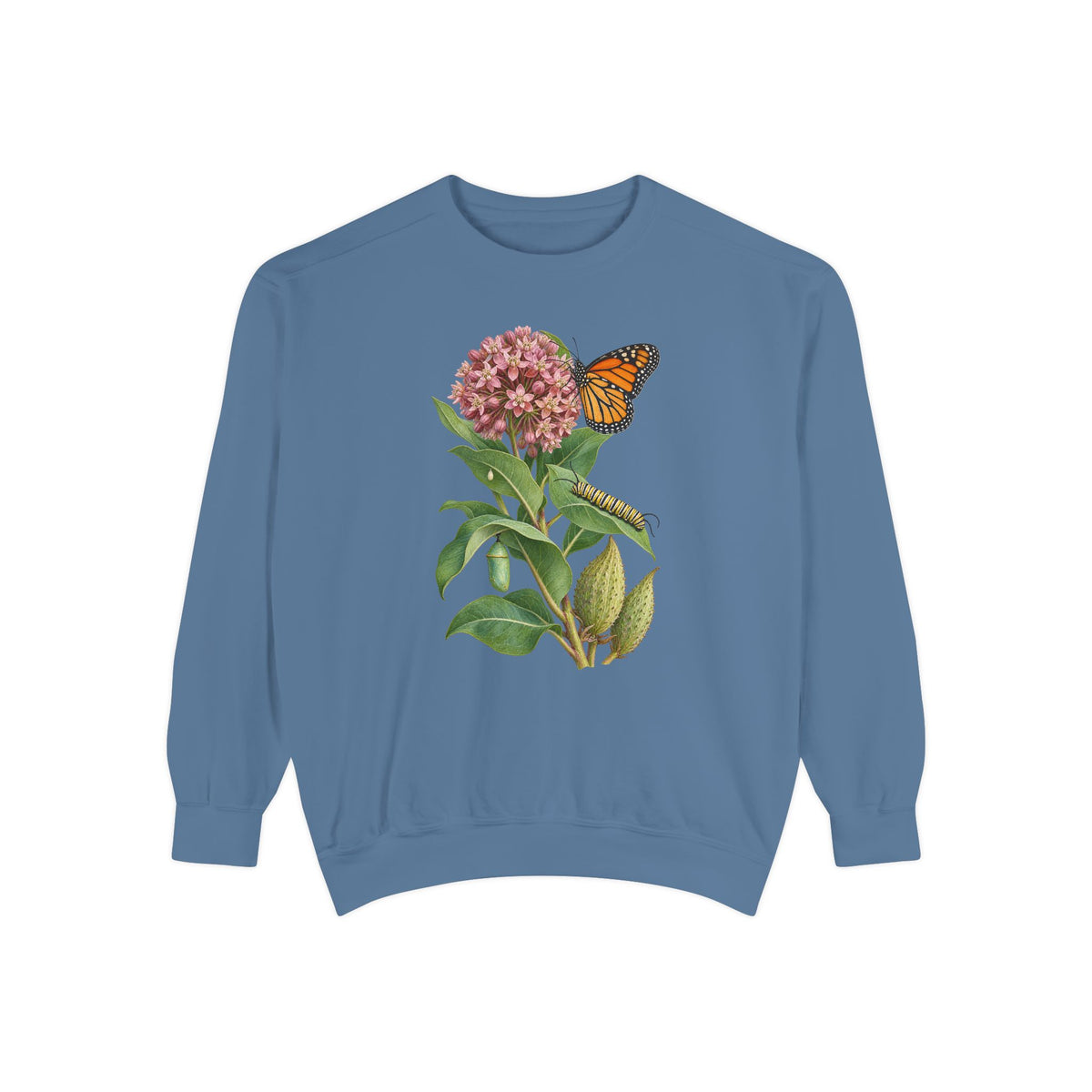 Milkweed and monarch life cycle sweatshirt in Blue Jean, front view