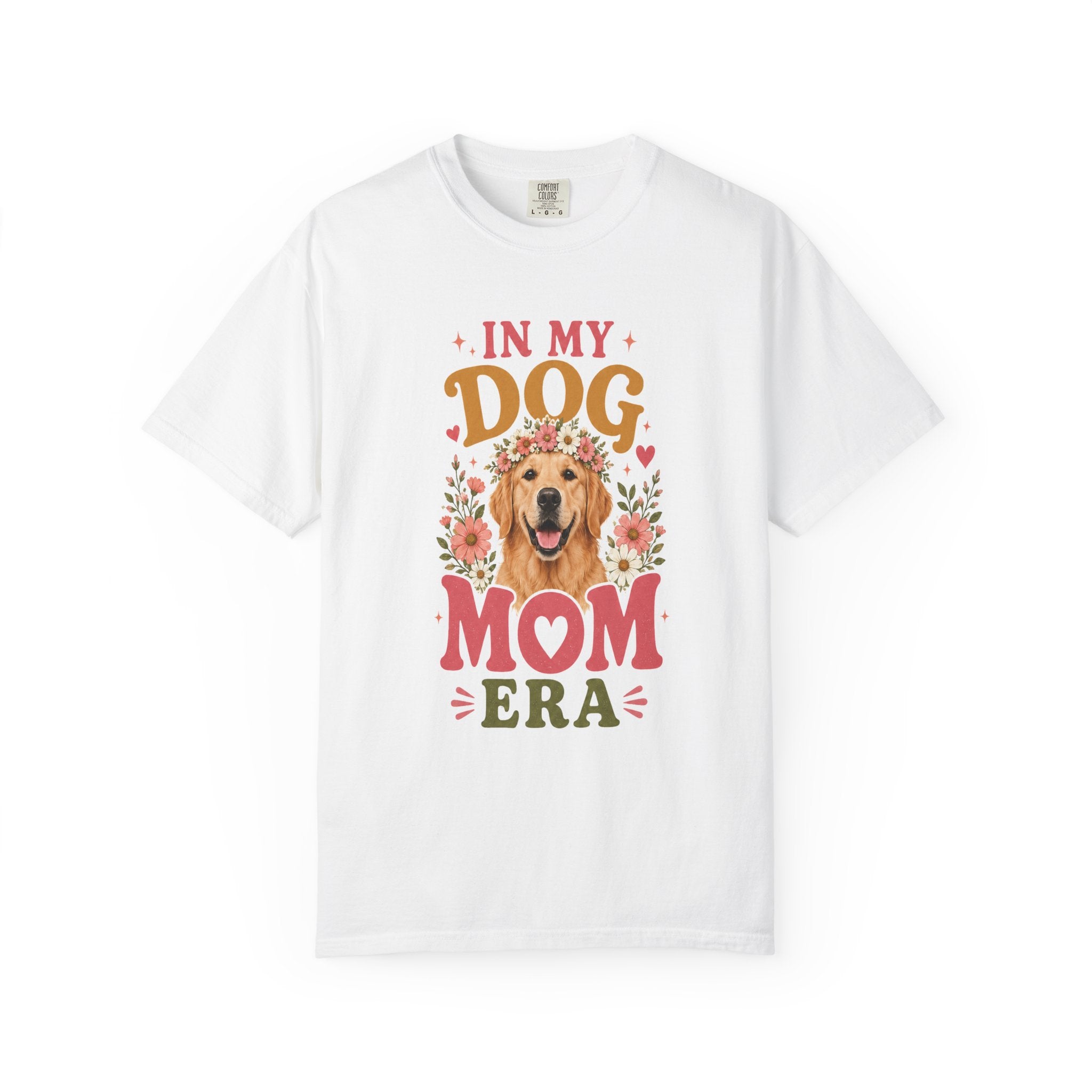 In My Dog Mom Era Golden Retriever flower crown tee front view