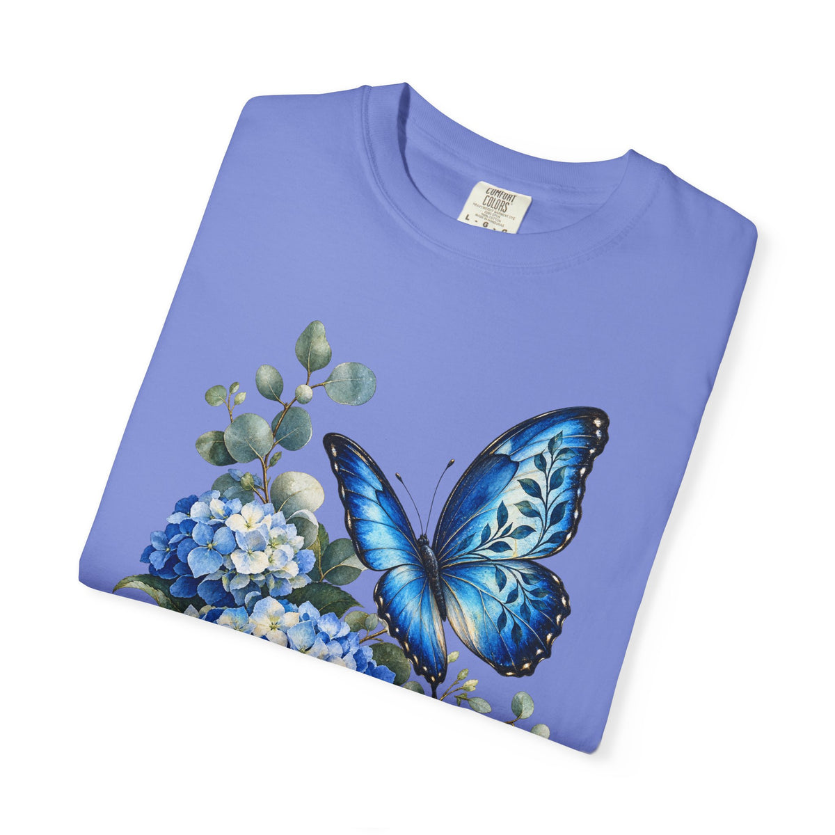 Blue Morpho & Hydrangea T-Shirt — Garment-Dyed Cotton