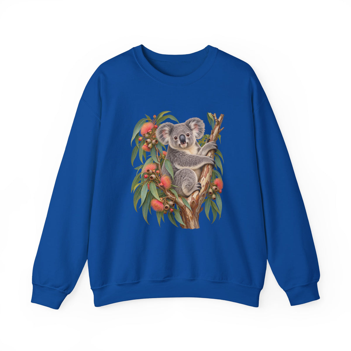 Booked for the Afternoon sweatshirt — a grey koala resting among eucalyptus leaves and coral-pink blossoms, on a unisex crewneck