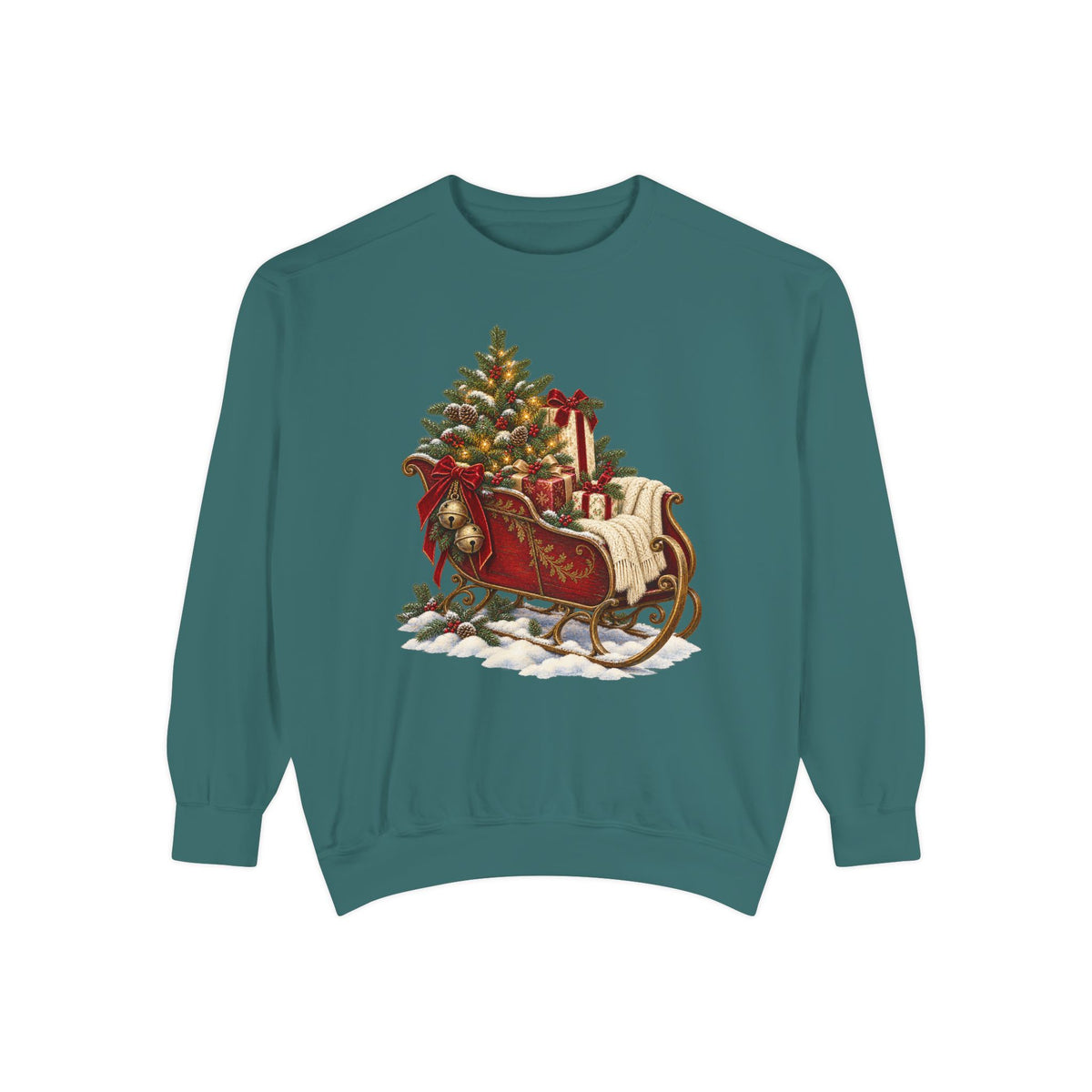 Vintage Christmas sleigh sweatshirt in Blue Spruce, front view