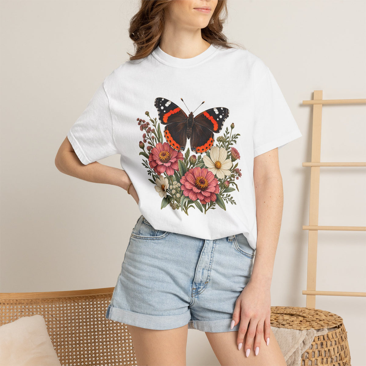 Red Admiral & Zinnia T-Shirt — Garment-Dyed Cotton