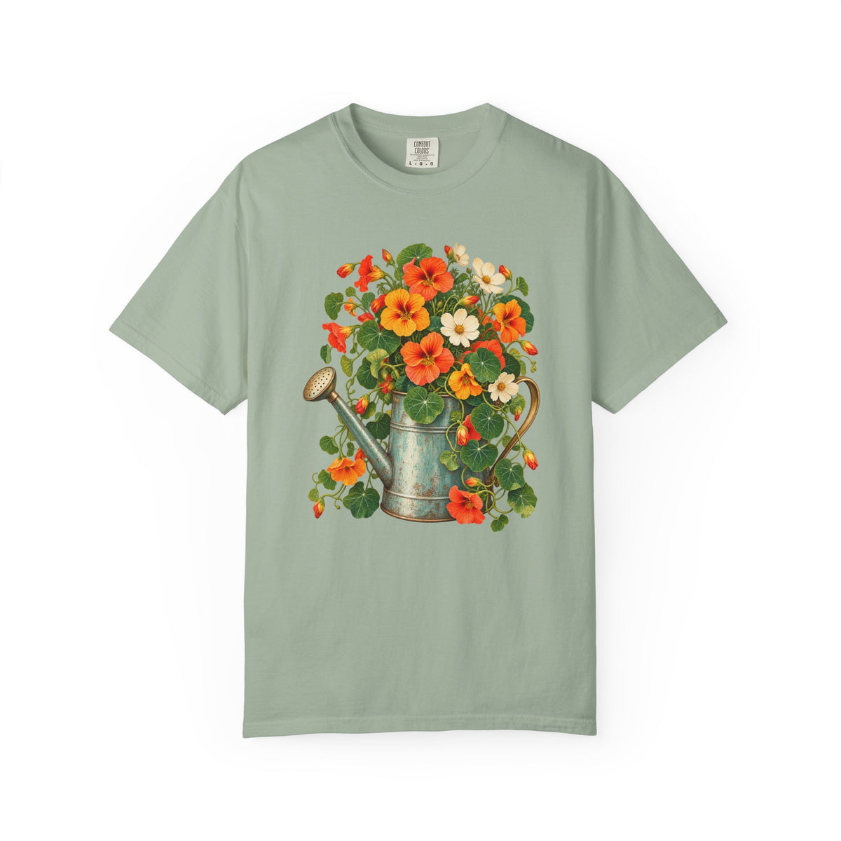 Cottage garden nasturtium graphic tee - a printed graphic, not embroidery, on garment-dyed heavyweight cotton with a ribbed round neck
