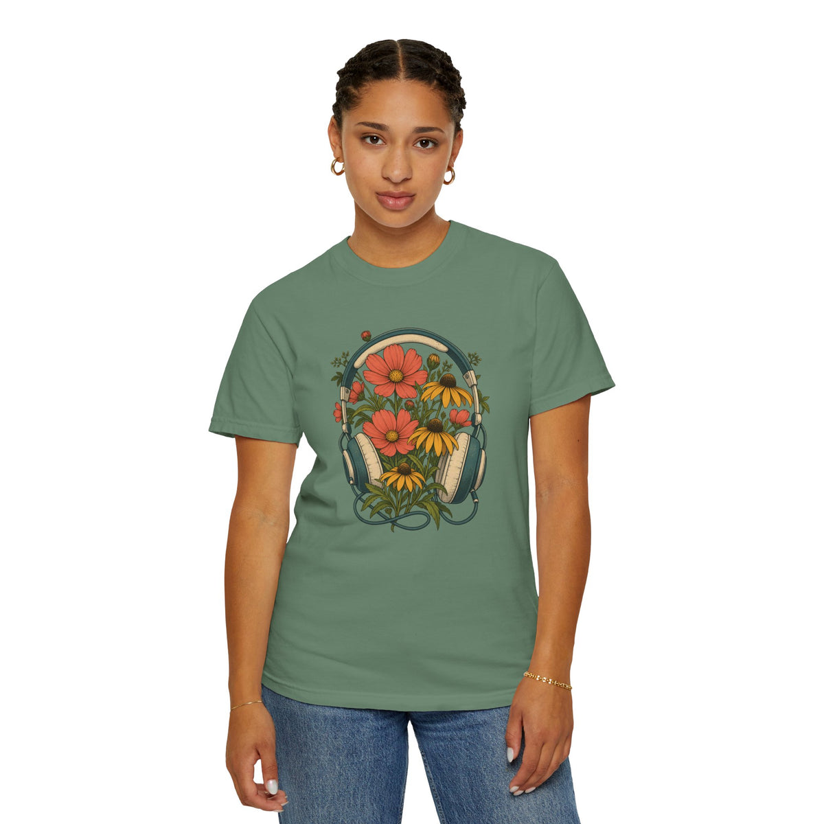 On Her Own Frequency — Floral Headphones T-Shirt, garment-dyed Comfort Colors cotton
