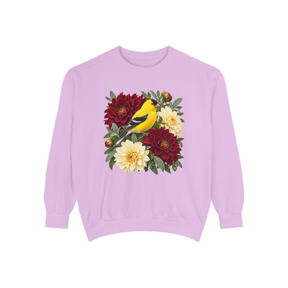 The American goldfinch at the centre of the dahlia arrangement — lemon-yellow body, black cap and a short conical seed-eater's bill, on a garment-dyed Comfort Colors 1566 crewneck sweatshirt