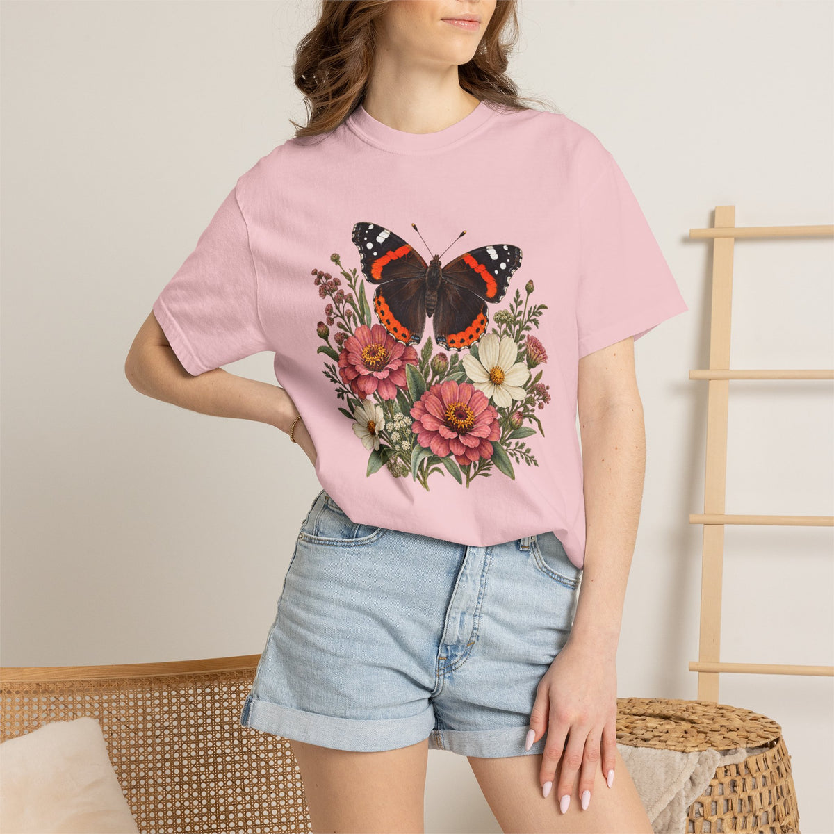 Red Admiral & Zinnia T-Shirt — Garment-Dyed Cotton