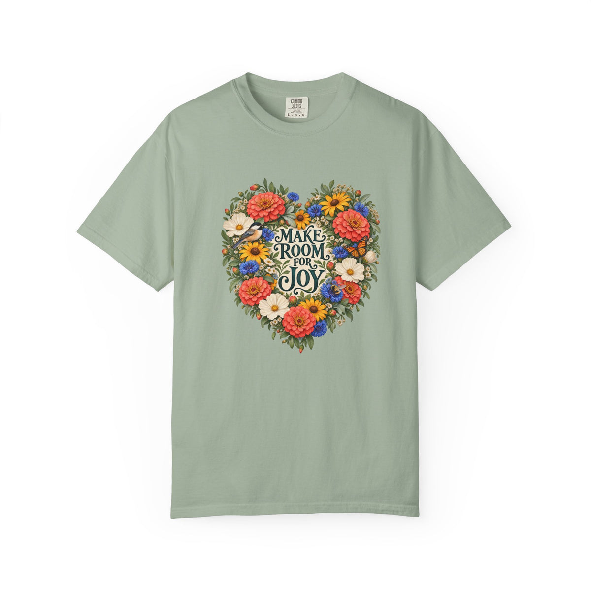 Make Room for Joy Floral T-Shirt - the illustrated greeting-card lettering and softly shaded petals of the front print