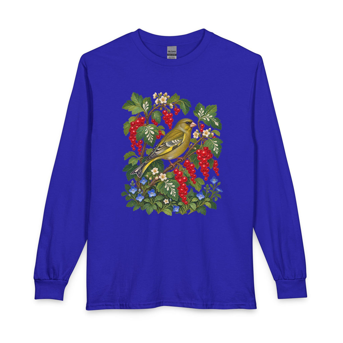 Red Currant & Songbird Long-Sleeve T-Shirt — the songbird's finely marked wings against the berry branch