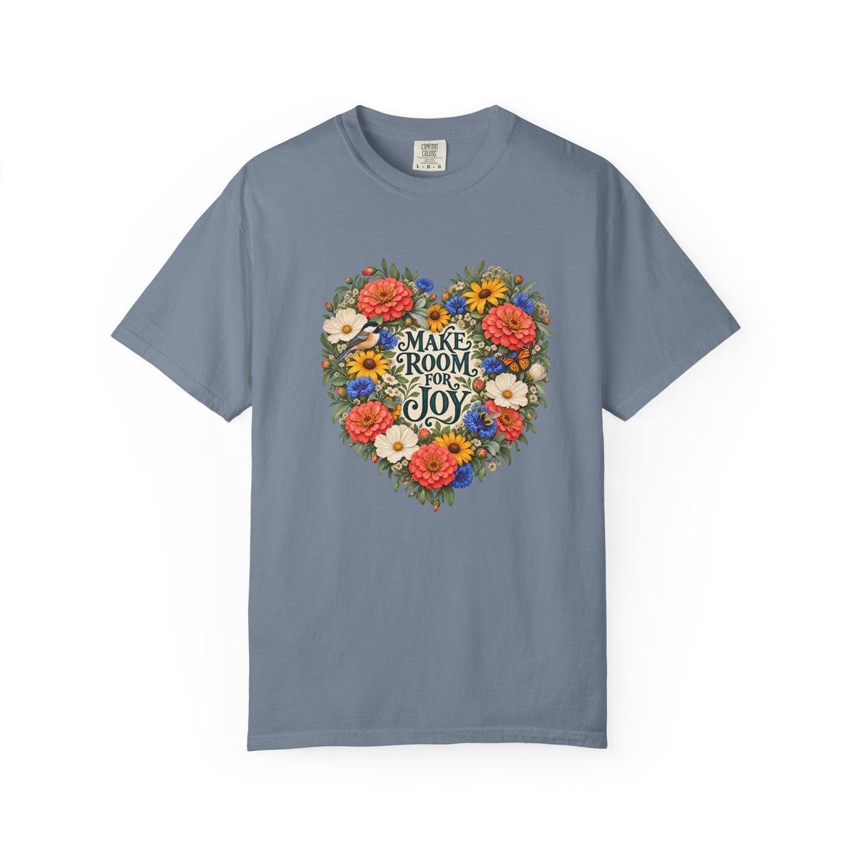 Make Room for Joy Floral T-Shirt - a printed graphic lying flat into the weave, not embroidery and not an applique patch