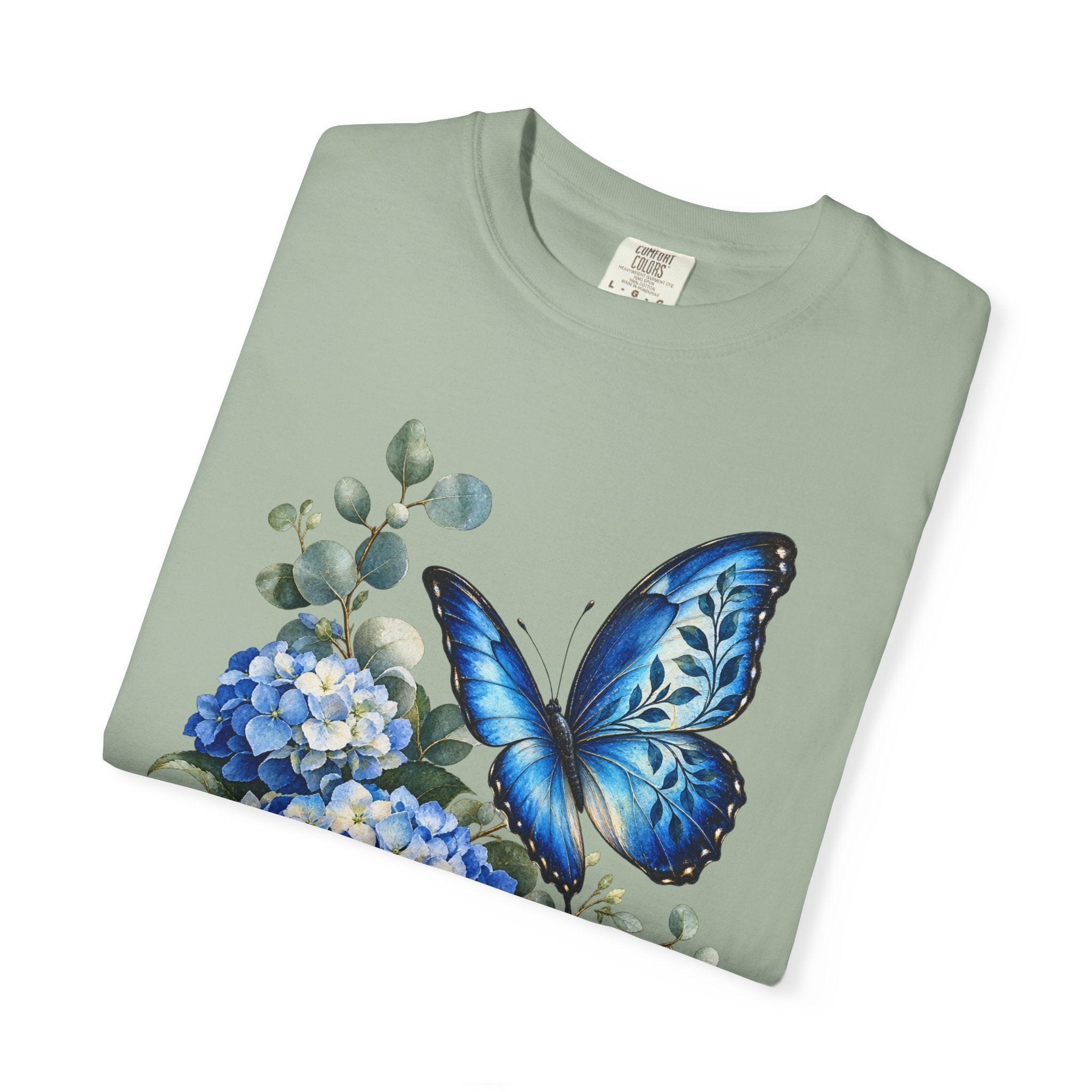 Blue Morpho & Hydrangea T-Shirt — Garment-Dyed Cotton