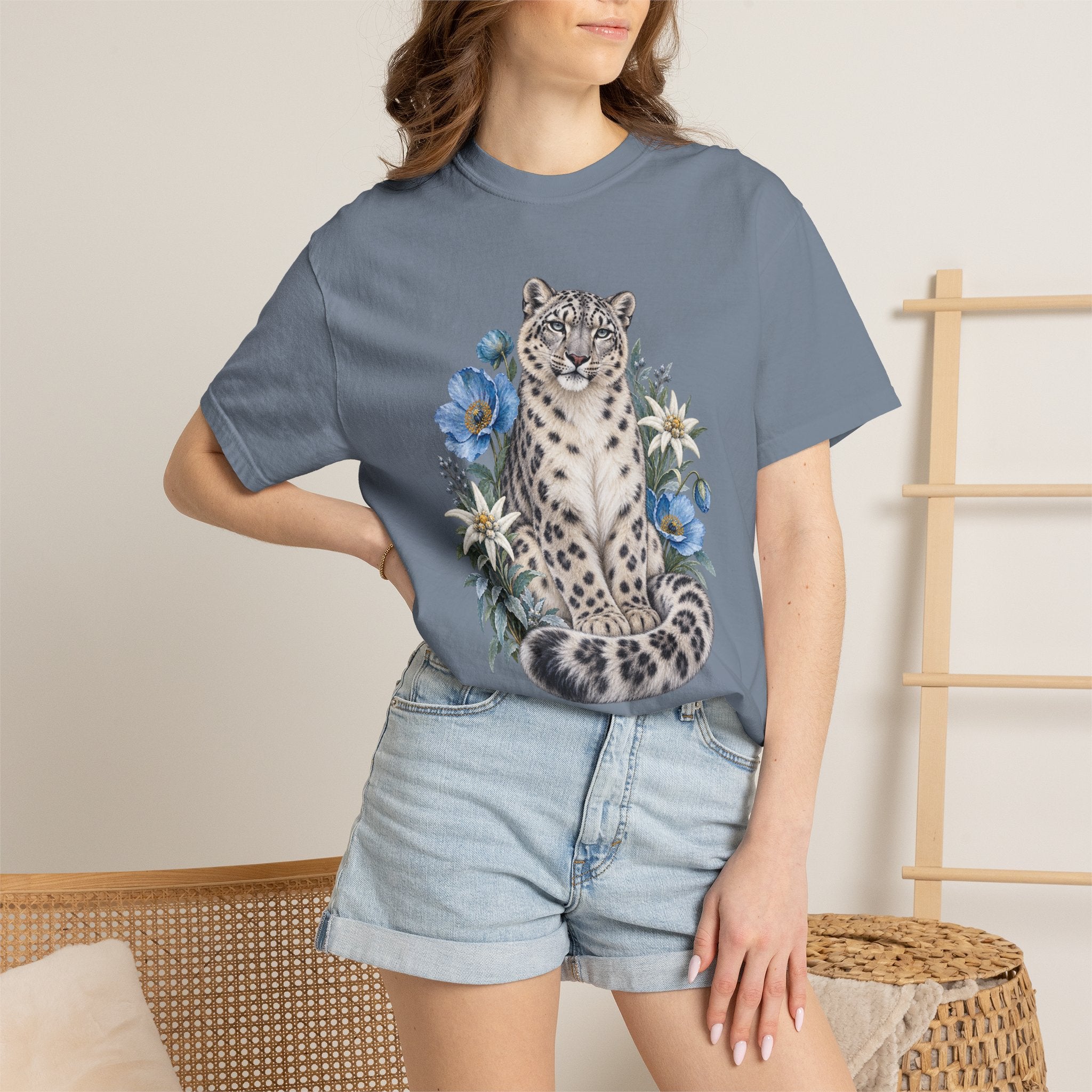Snow Leopard & Blue Poppy T-Shirt — front print, modelled