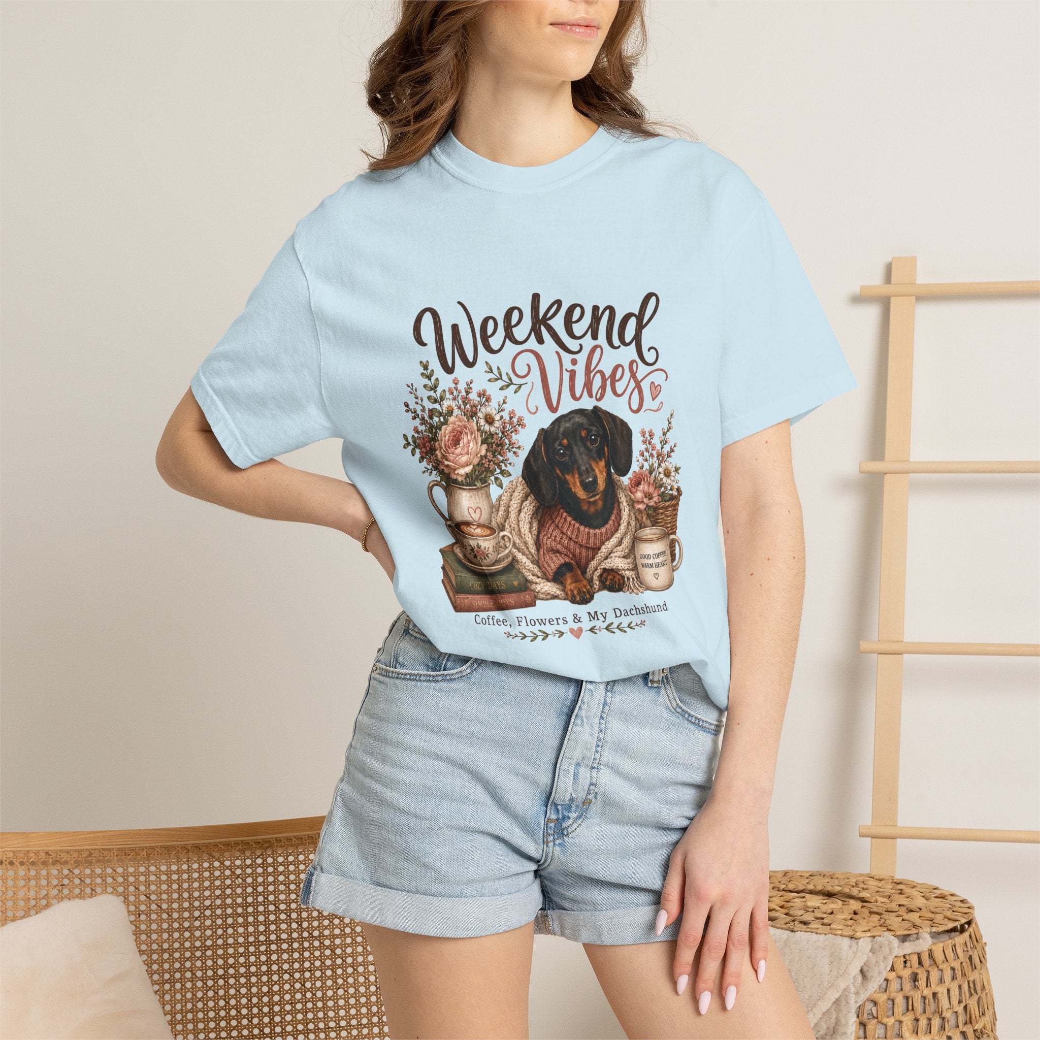 Weekend Vibes Dachshund Comfort Colors Shirt, Coffee Flowers Doxie Tee, Dachshund Mom Gift, Cozy Dog Shirt, Dog Lover Gift Her
