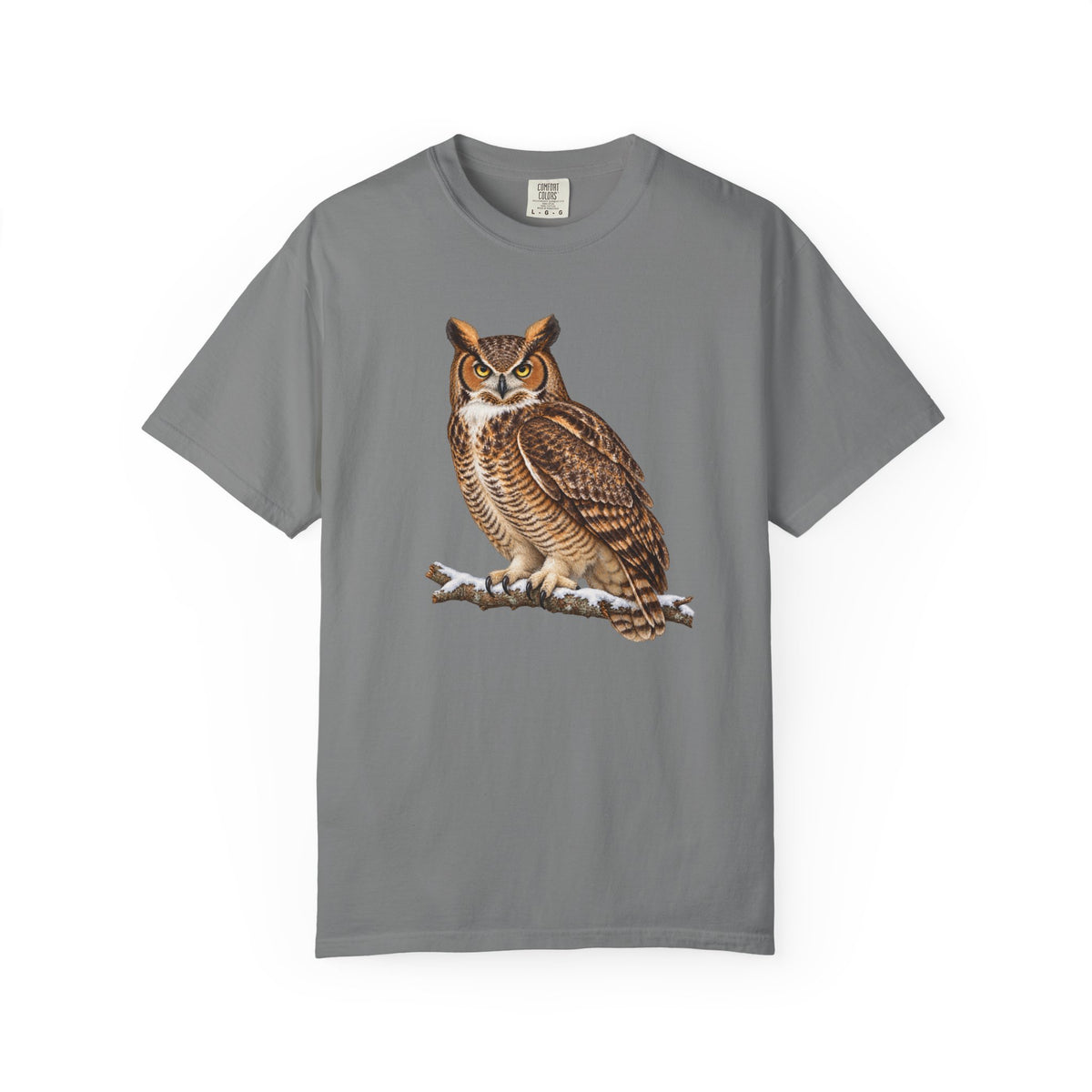 Great horned owl t-shirt in Grey – front view of the watercolor owl on a snowy branch on a heathered grey Comfort Colors 1717 tee