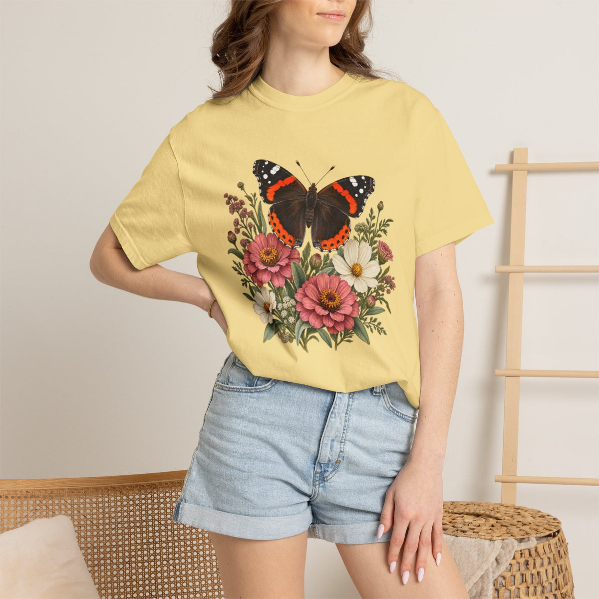Red Admiral & Zinnia T-Shirt — Garment-Dyed Cotton
