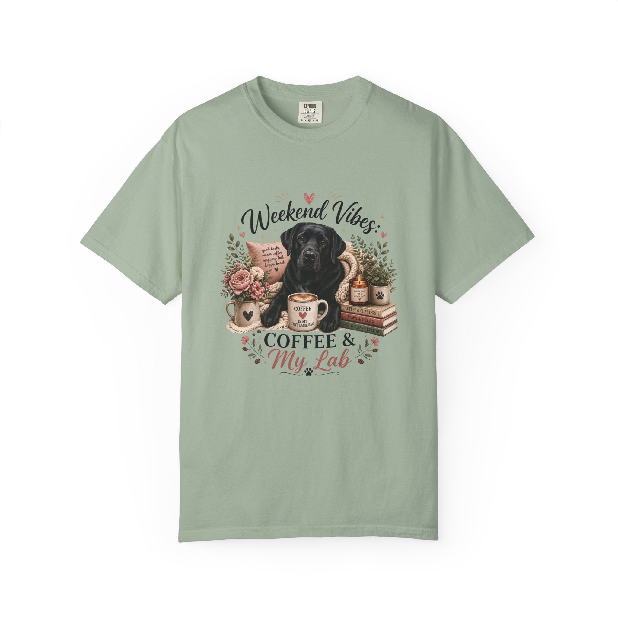 Weekend Vibes Coffee and My Lab Comfort Colors Shirt, Black Lab Mom Gift, Labrador Tee, Coffee Dog Lover, Cozy Dog Mom Shirt