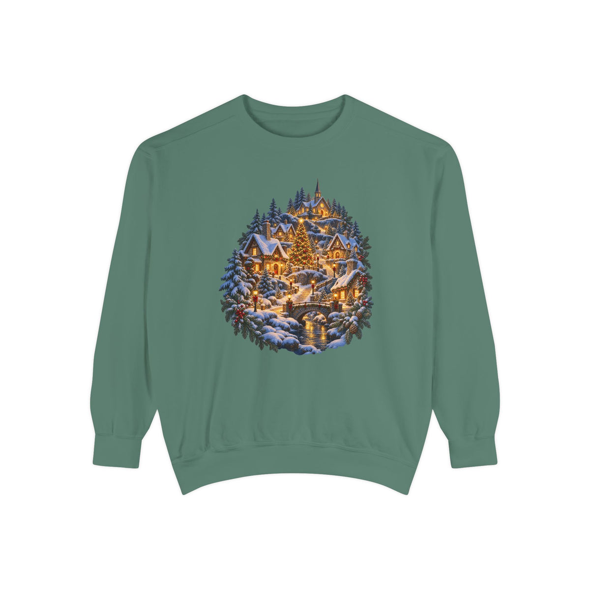 Small town Christmas sweatshirt in Light Green, a soft sage garment-dyed Comfort Colors 1566 crewneck with a snowy hillside village and lit church