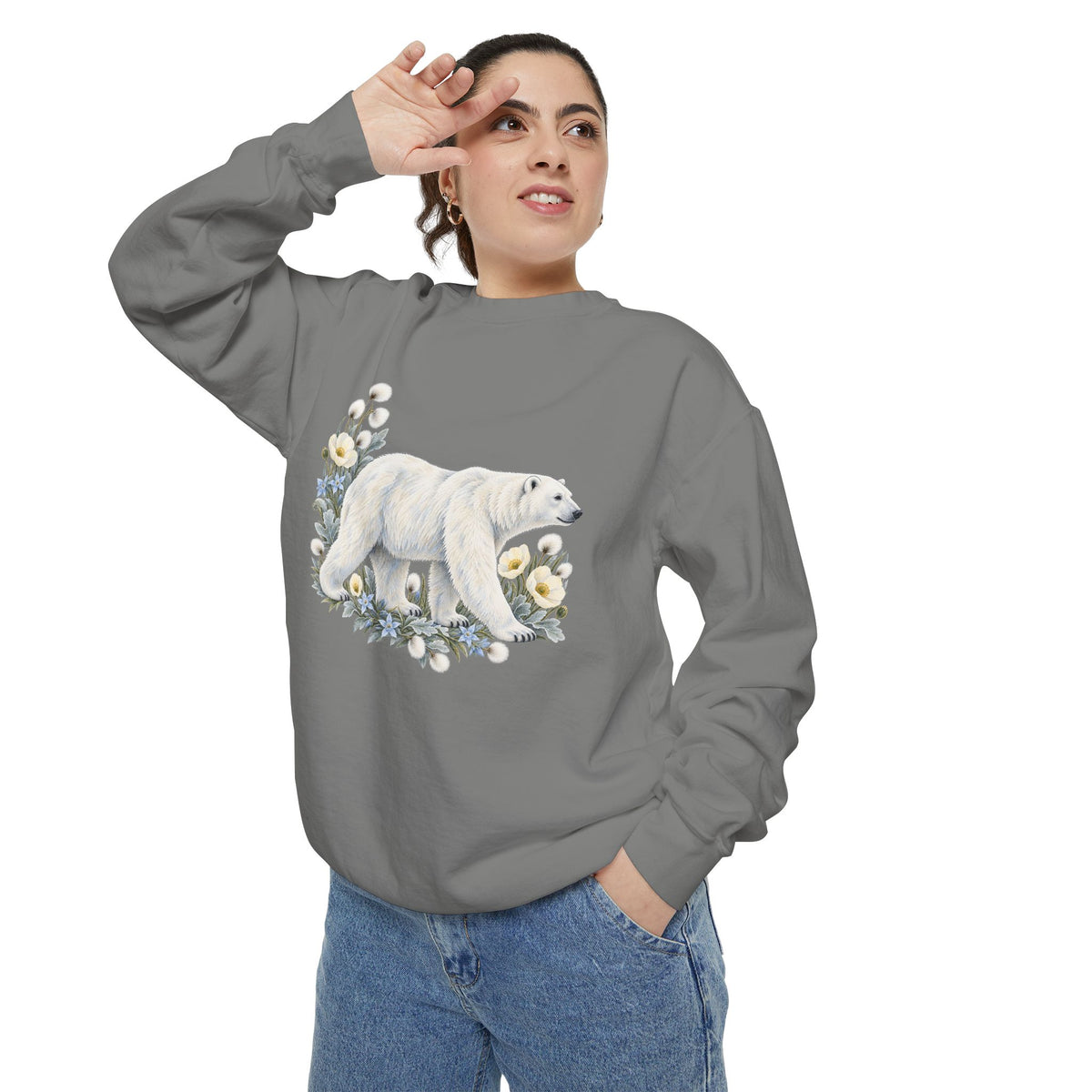 Polar Bear & Arctic Blooms Sweatshirt — Garment-Dyed Fleece