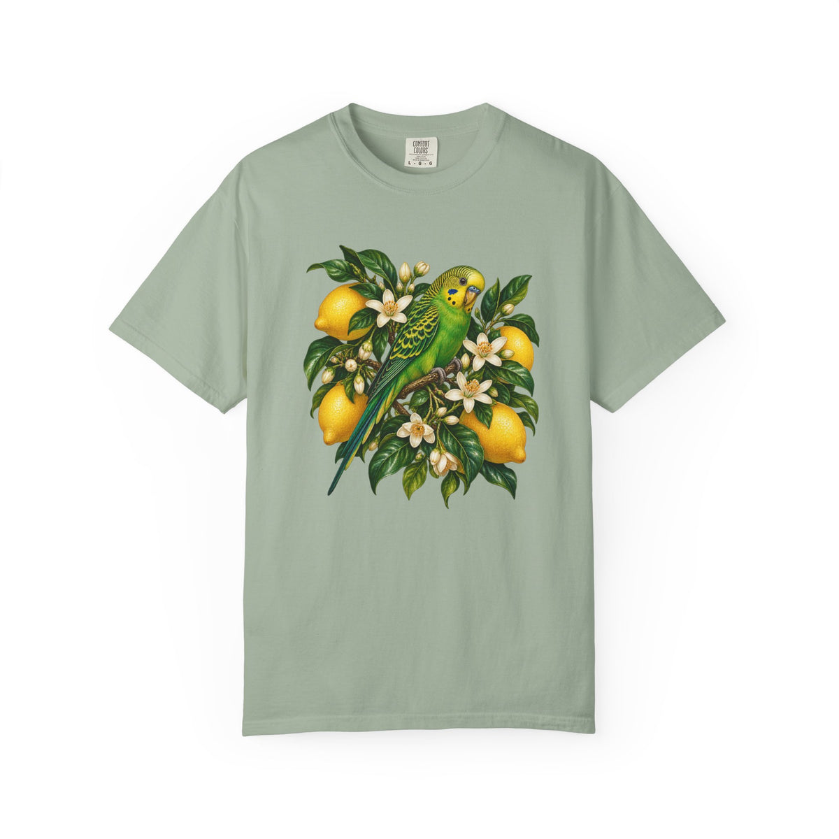 Lemon Tree and Budgie T-Shirt - the gathered arrangement printed large and centred across the chest, not a back print