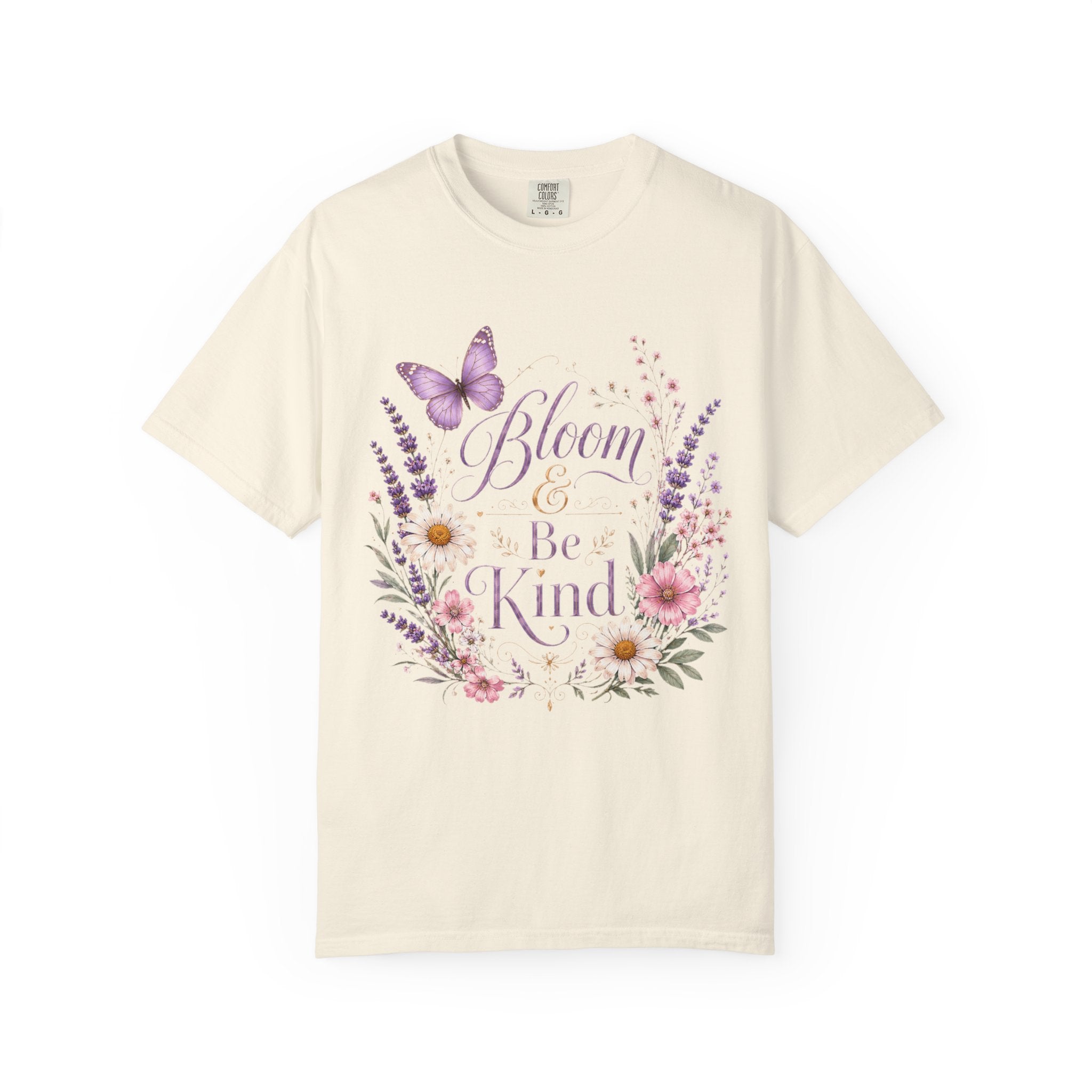 Bloom and Be Kind lavender butterfly shirt lifestyle mockup
