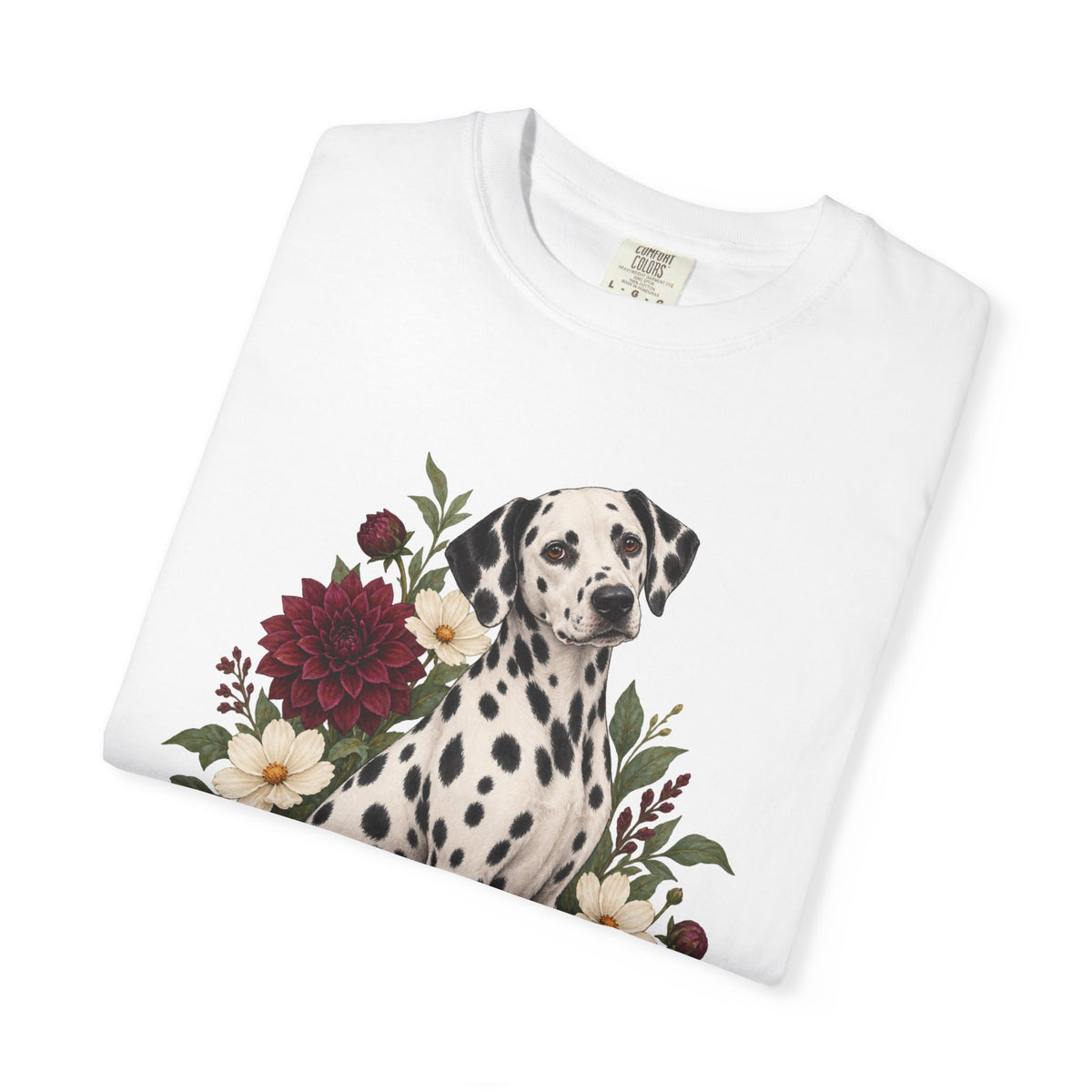 Dalmatian & Dahlia T-Shirt — spotted dog and garden flowers illustration