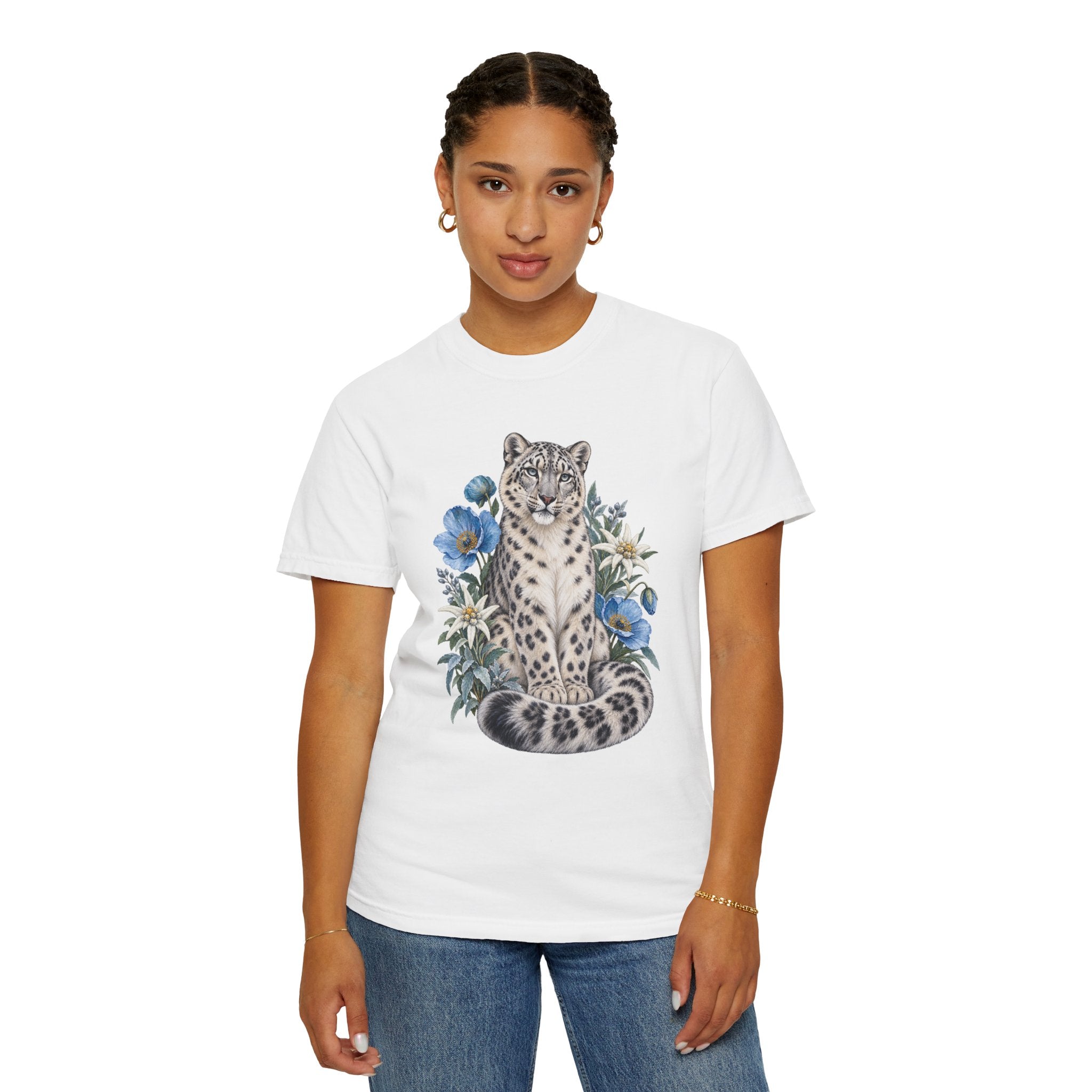 Snow Leopard & Blue Poppy T-Shirt — wildflower detail