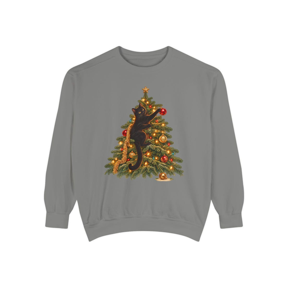 Black cat Christmas sweatshirt in Grey – a black cat climbing a lit Christmas tree with a gold star, one paw on a red ornament, printed large on the chest of a Comfort Colors crewneck