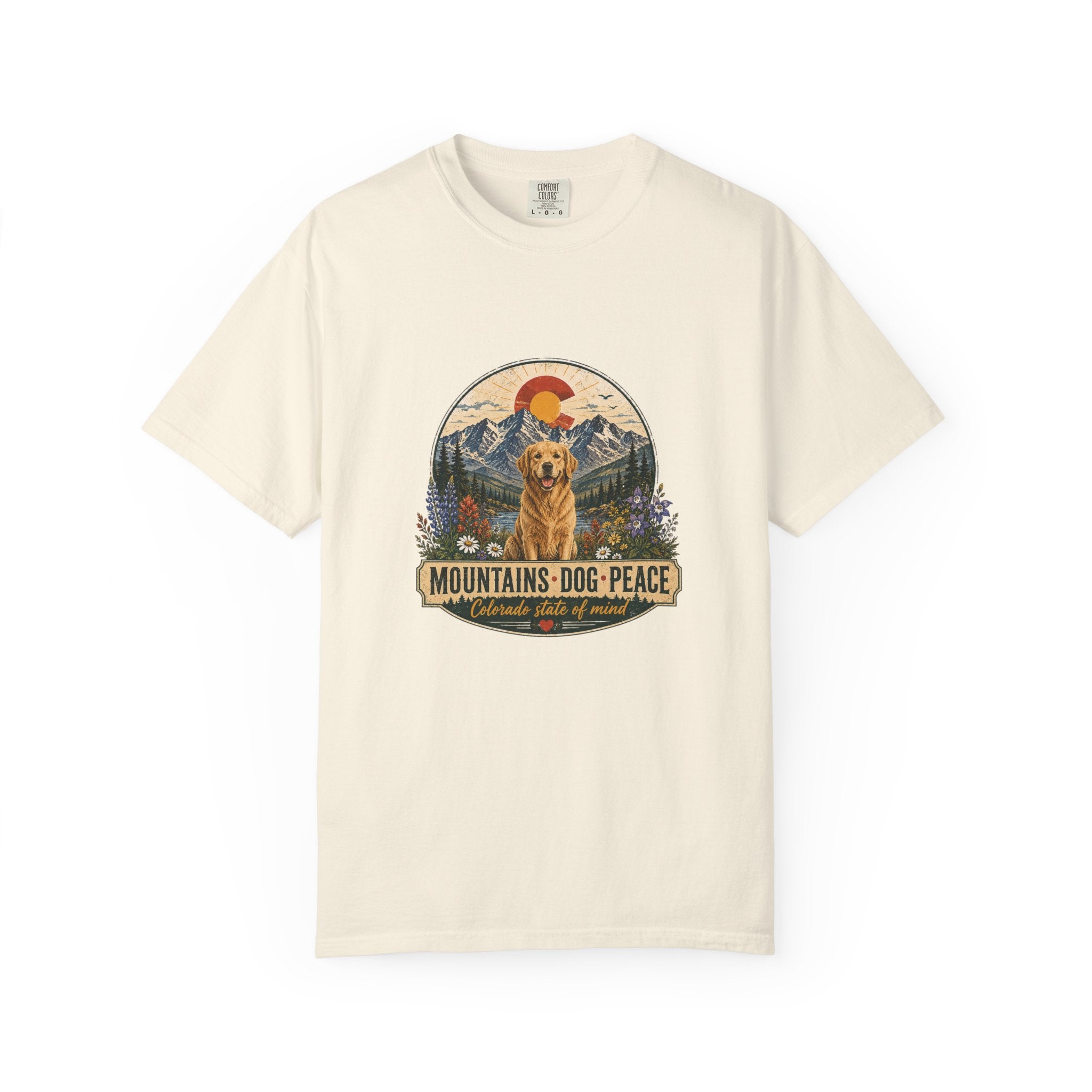 Mountains Dog Peace Colorado tee on model