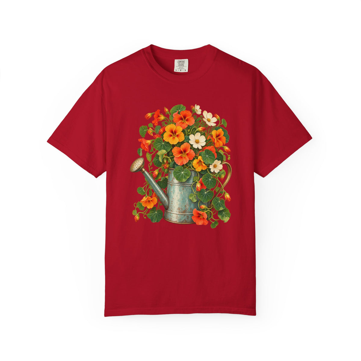 Plant lover gift tee - nasturtiums spilling over the rim and down the spout of an old watering can